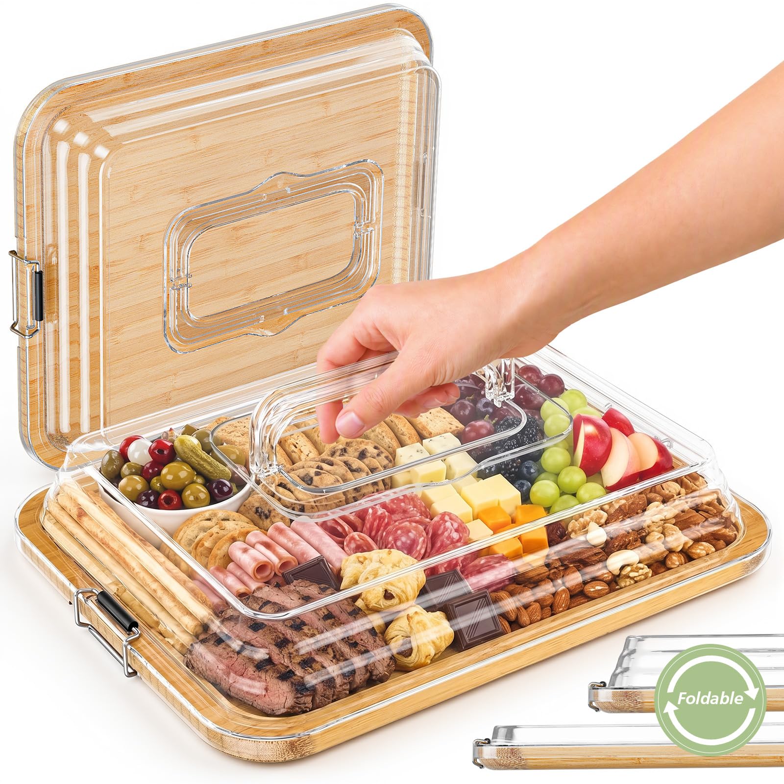 Charcuterie Boards with Foldable Lid, Portable Cheese Board Snack Tray