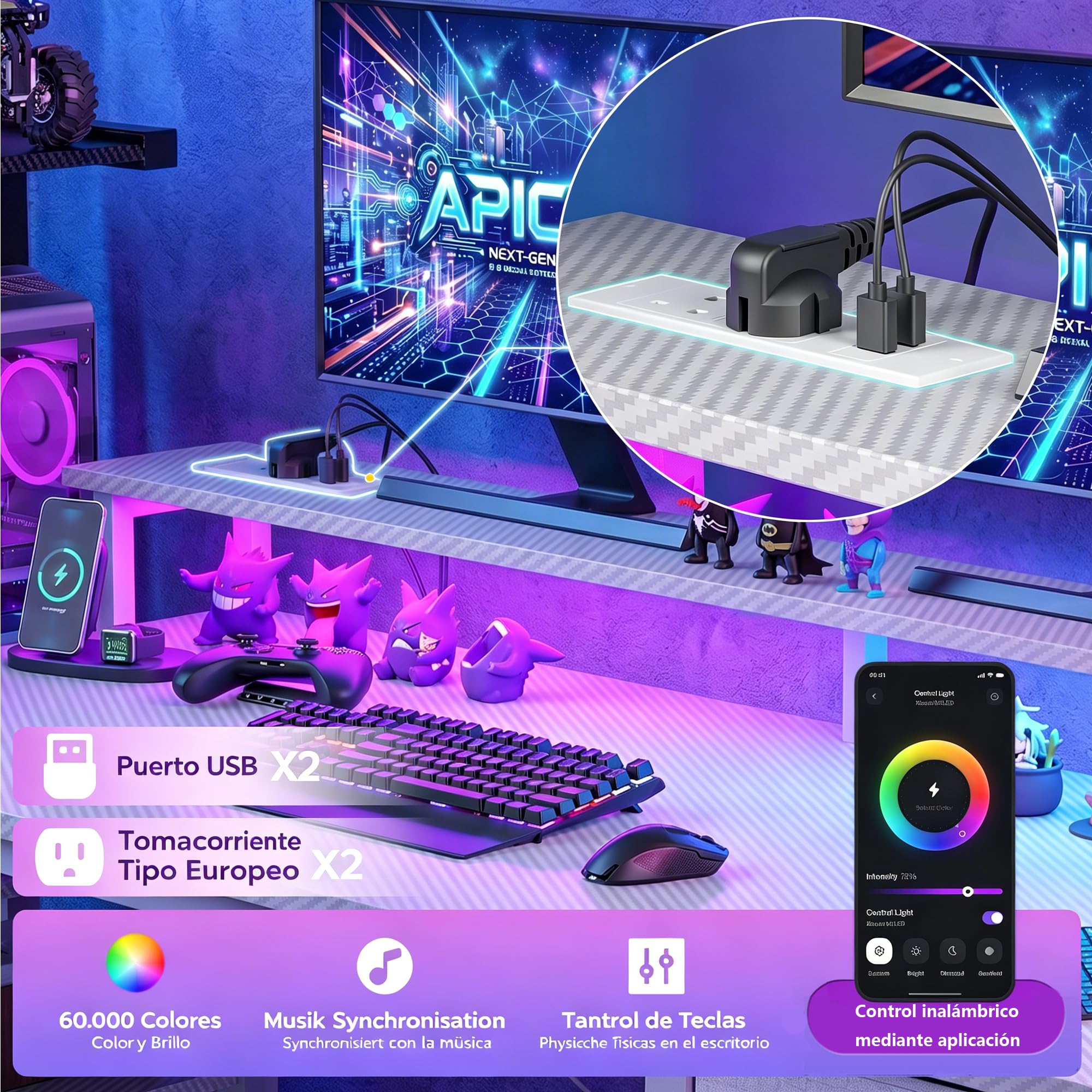 APICIZON Mesa Gaming 150 x 50 cm con Estantería - Escritorio de Ordenador Reversible con Luces LED RGB, 2 Puertos USB, Soporte para Auriculares y Bebidas, Textura de Fibra de Carbono Blanco