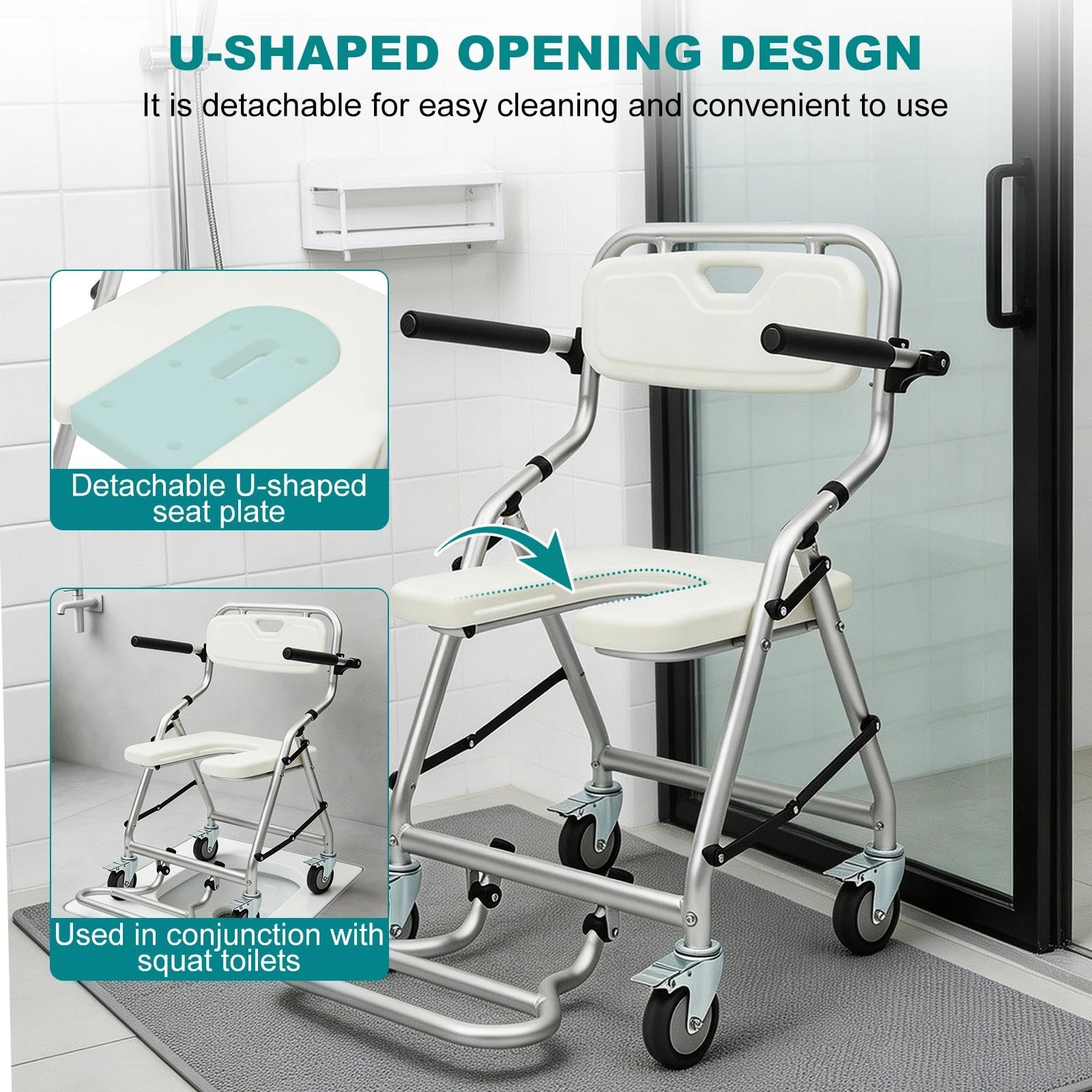 Silla de Ducha con Ruedas Plegable para Personas Mayores