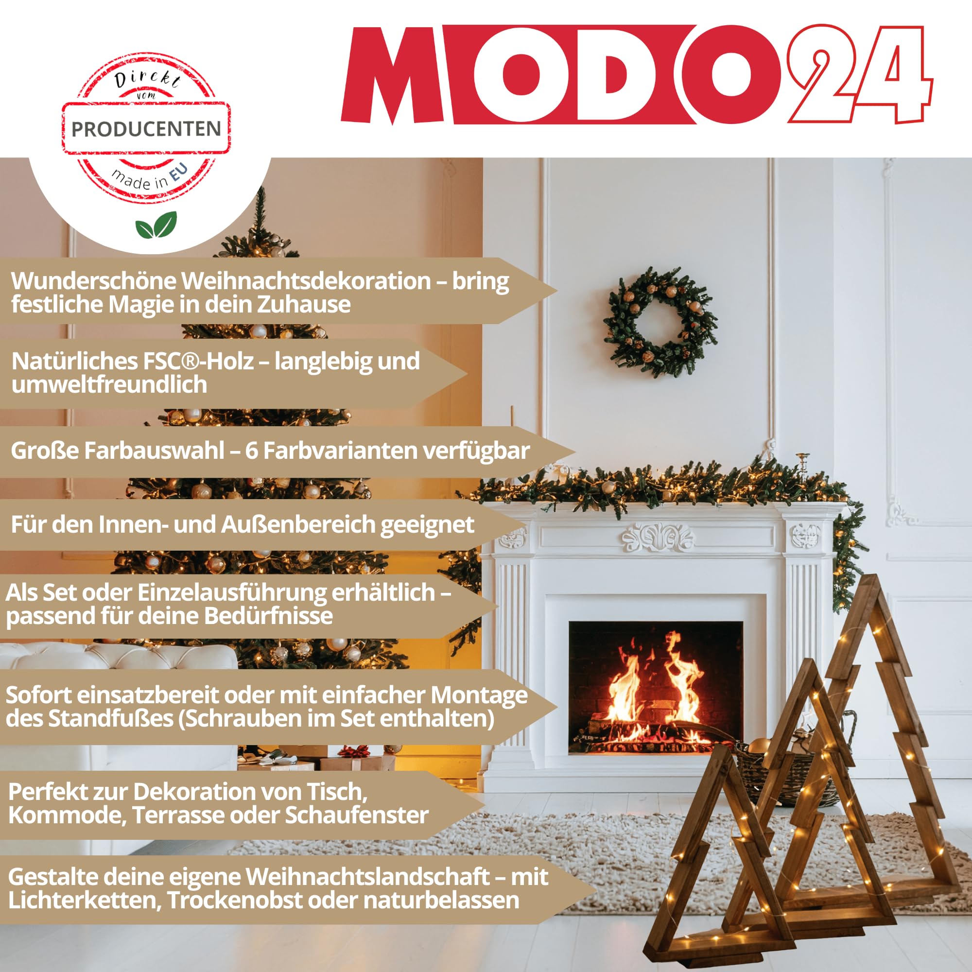 Weihnachtsbaum Holz 3D 75,5x48x9,5 cm, Moderne Weihnachtsdeko, FSC Tannenbaum aus Kiefernholz, Stehender Deko-Christbaum, Handgefertigte Holztanne für Innen & Außen, Farbe: Grün imprägniert