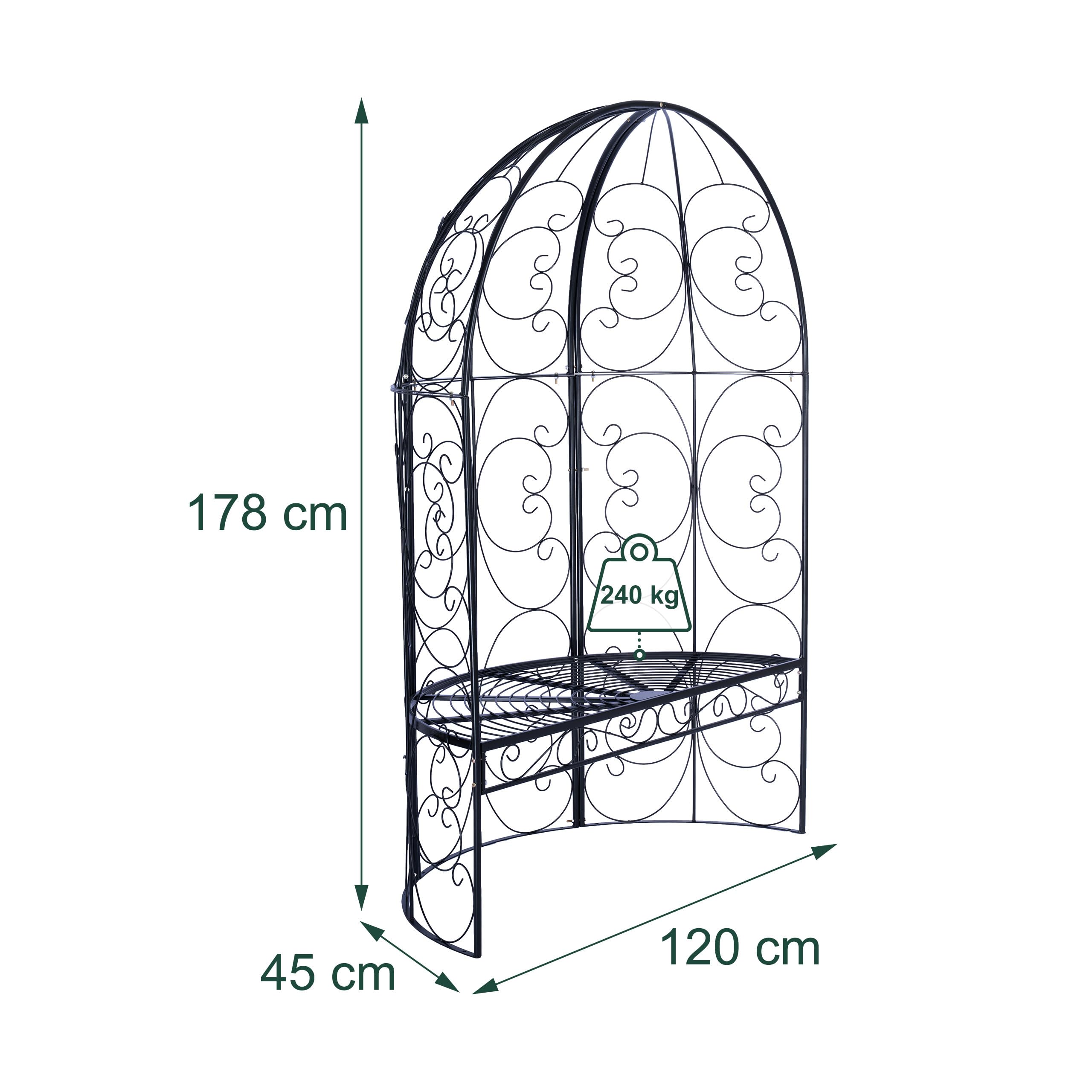 Panchina da Giardino Relaxdays con Arco per rampicanti, Portata 240 kg, A x L x P 178 x 120 x 58 cm, Nero