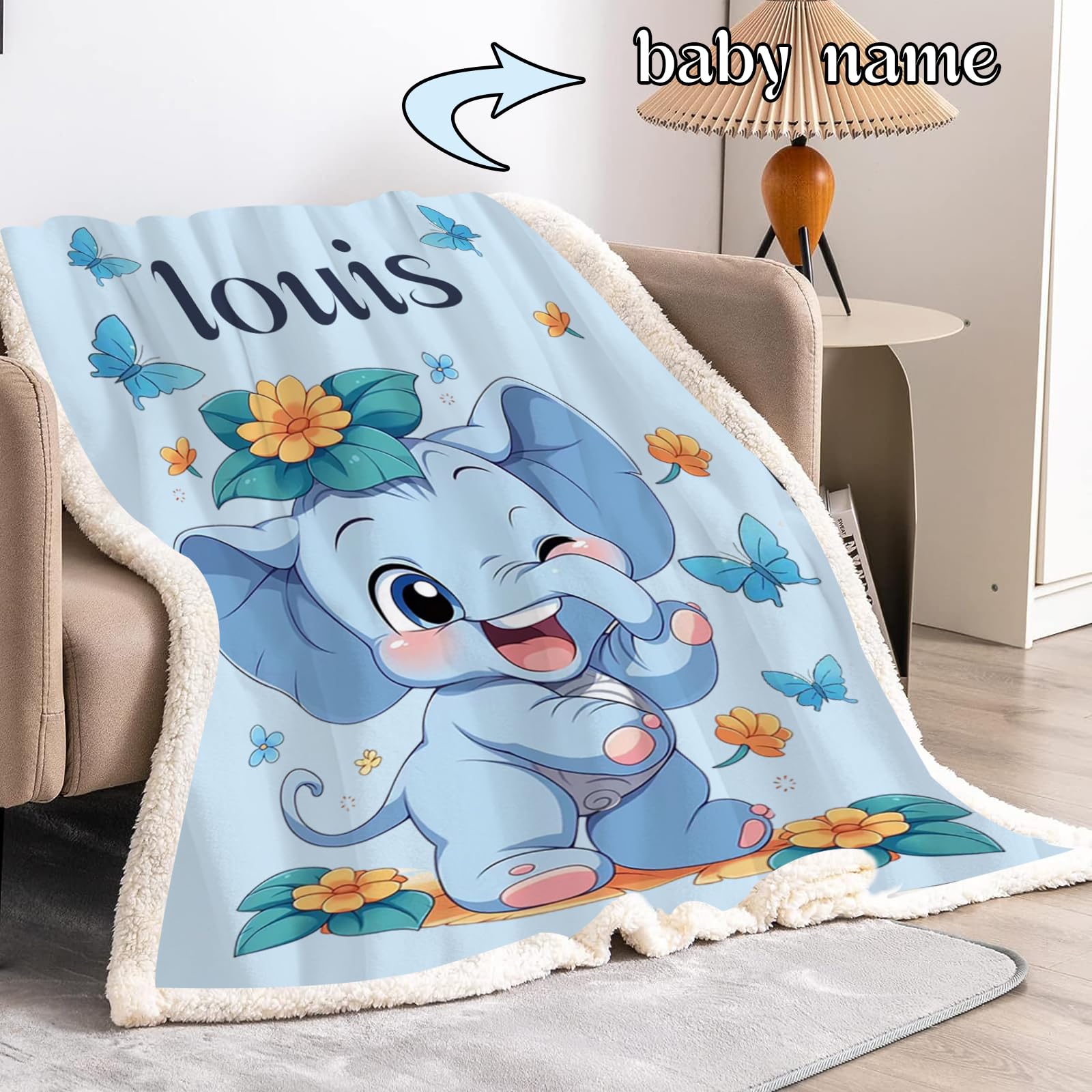 CHEFFS Manta personalizada, Manta para bebé personalizada con nombre, manta personalizada para niños, manta con nombre de elefante, manta de bebé individual, regalos 70 x 100 cm f (1,150 x 200 cm)