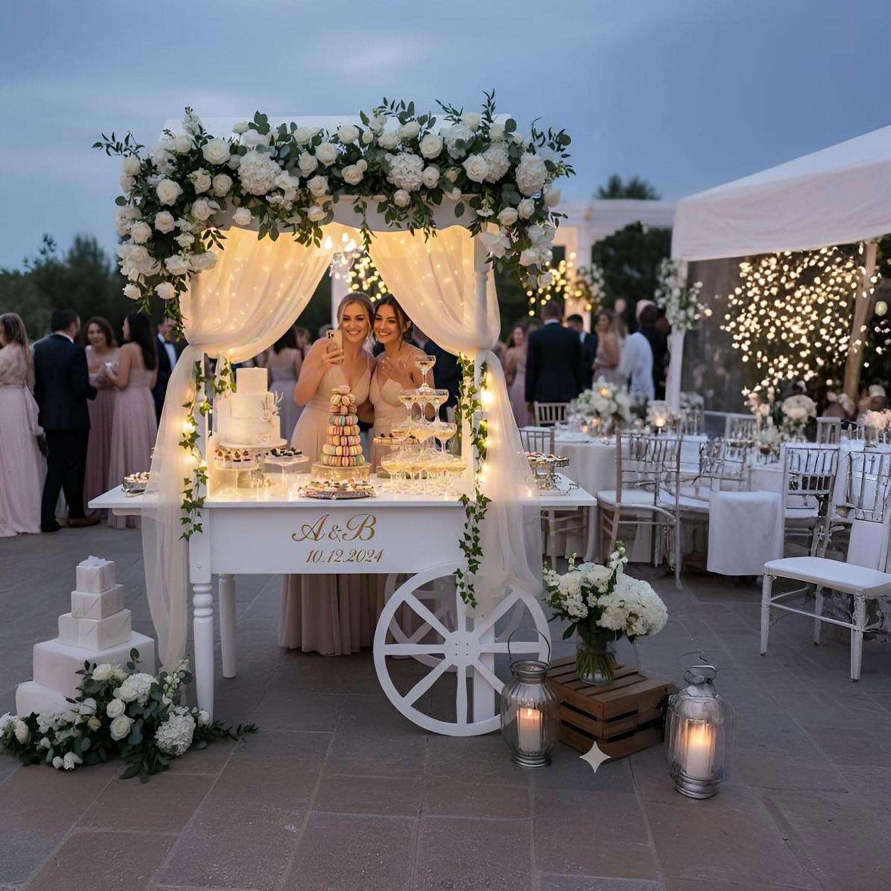 Chariot à Bonbons Blanc De 6,5 Pieds De Haut Sur Roues Pour PréSentation De Bonbons Et De Desserts, Chariot à Bonbons En Bois DéCoré Pour Mariages, FêTes, DéCorations
