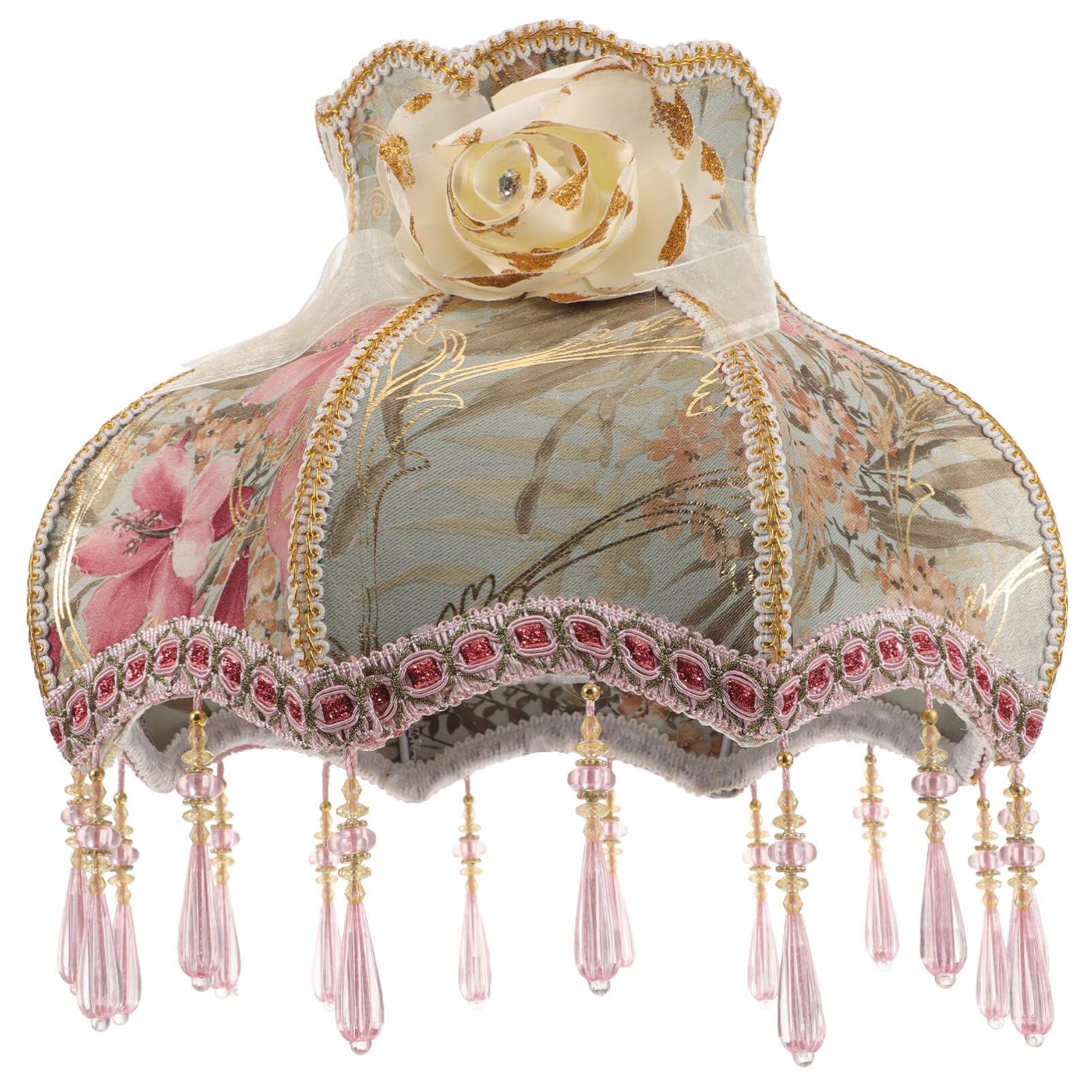 HEMOTON European Style Lampshades, E27 Vintage Floral Cloth Lampshade with Beads Tassel Fabric Scallop Dome Lamp Shade Cover for Living Room Bedroom
