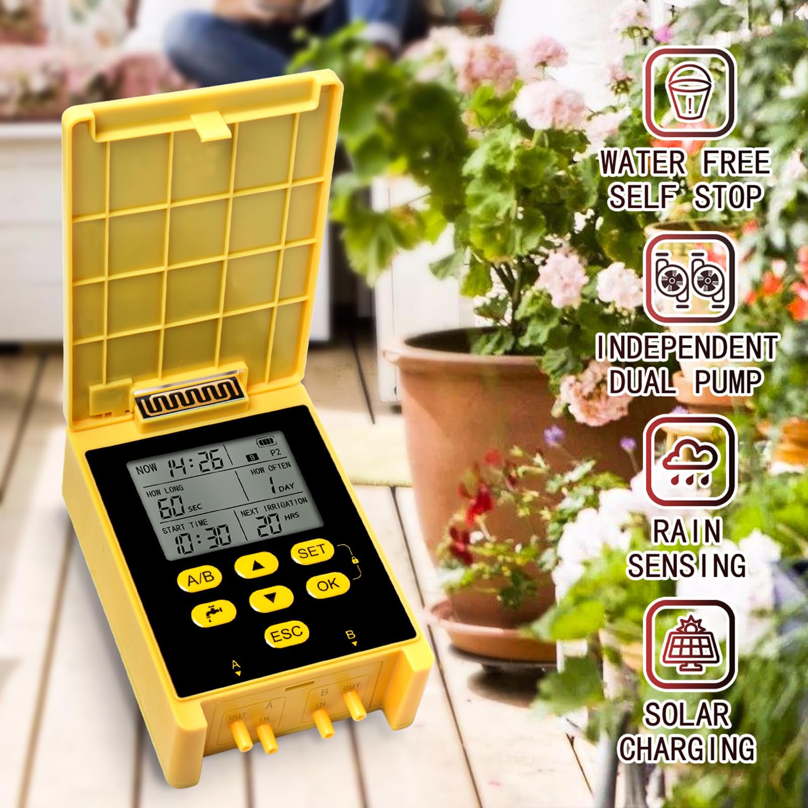 Kit di irrigazione a doppia pompa a doppia pompa ad energia solare, sistemas di irrigazione automatica del gruppo 2 con schermata di visualizzazione digitale per rilevare la (per 30 piante da vaso)