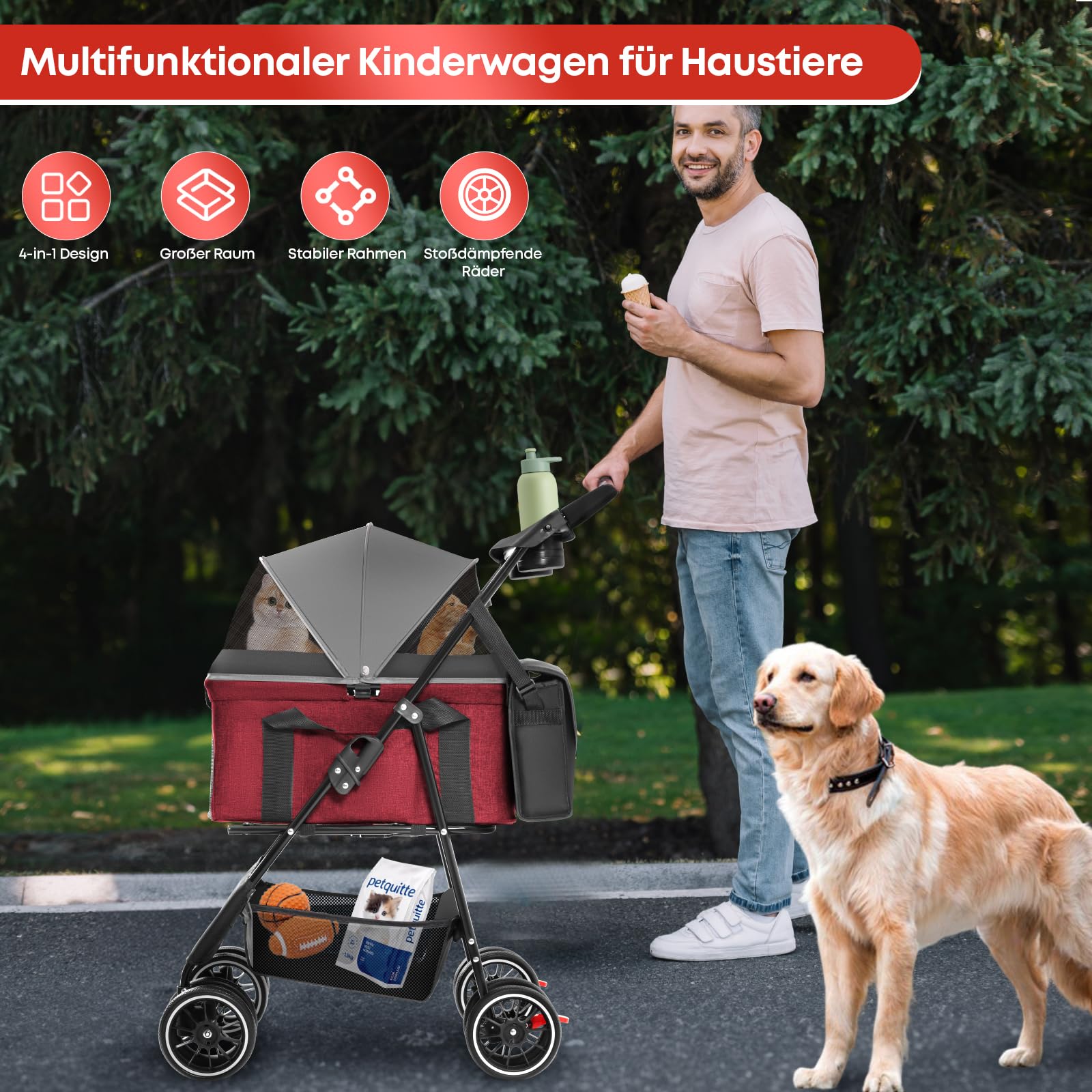 Hundewagen für Haustiere mit Verdeck, 4-rädriger Hundebuggy für kleine/mittelgroße Hunde und Katzen, Netzgewebe, Getränkehalter, Dunkelgrau+Rot