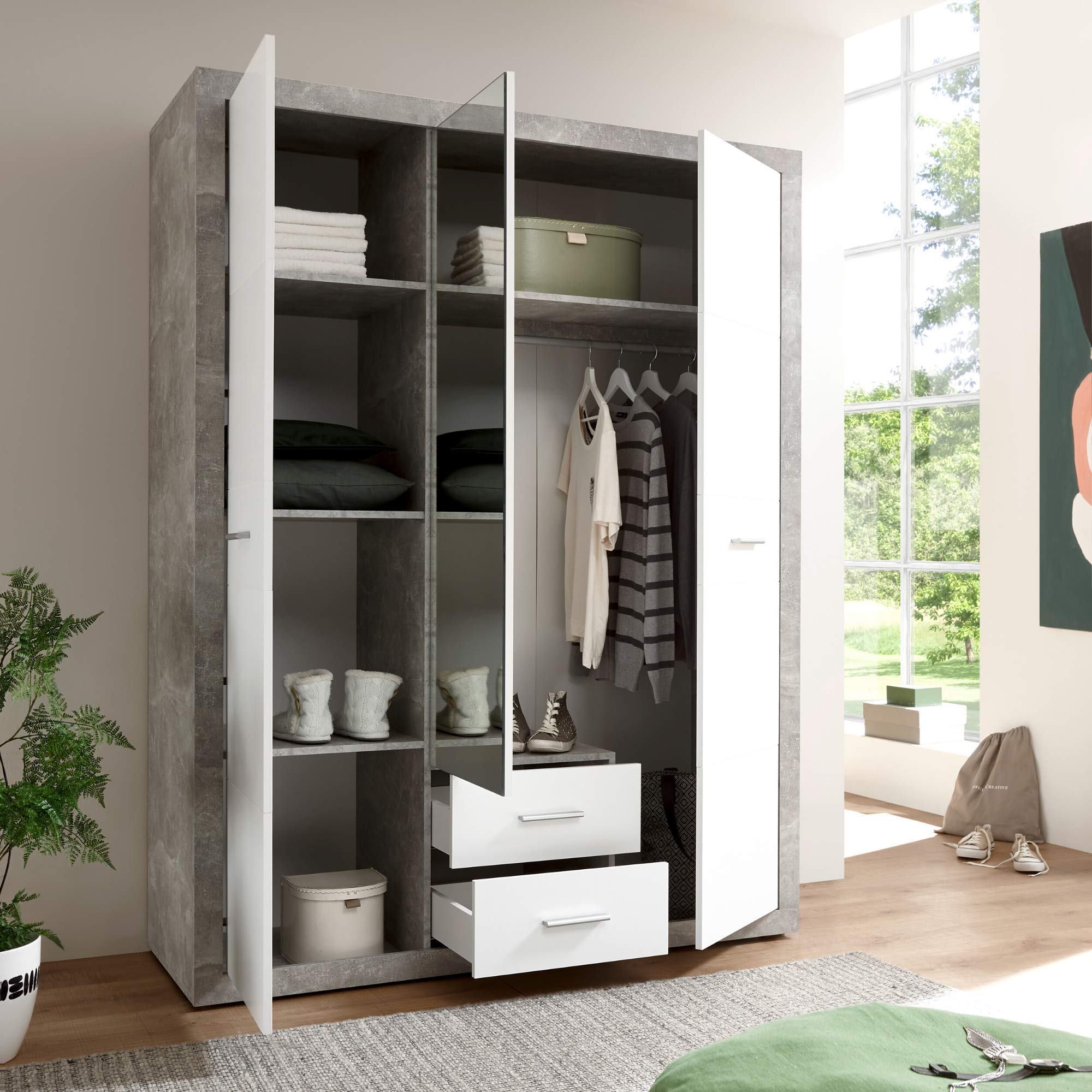 STONE Kleiderschrank Schrank Drehtürenschrank Beton-Optik Weiß mit Spiegel | 151 x 198 x 55 cm (B/H/T), Schlafzimmer, 3 Türen, Kleiderstange, inklusive Einlegeböden, viel Stauraum