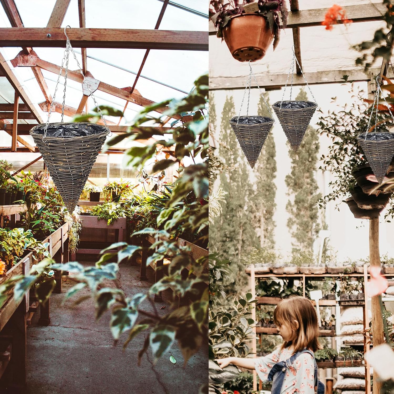 Cone Shaped Hanging Baskets,2Pcs Rattan Hanging Planter Baskets,Cone Hanging Haskets for Plants Outdoor with Chain Hook Conical Rattan Vertical Planter Basket with Plastic Film Liner