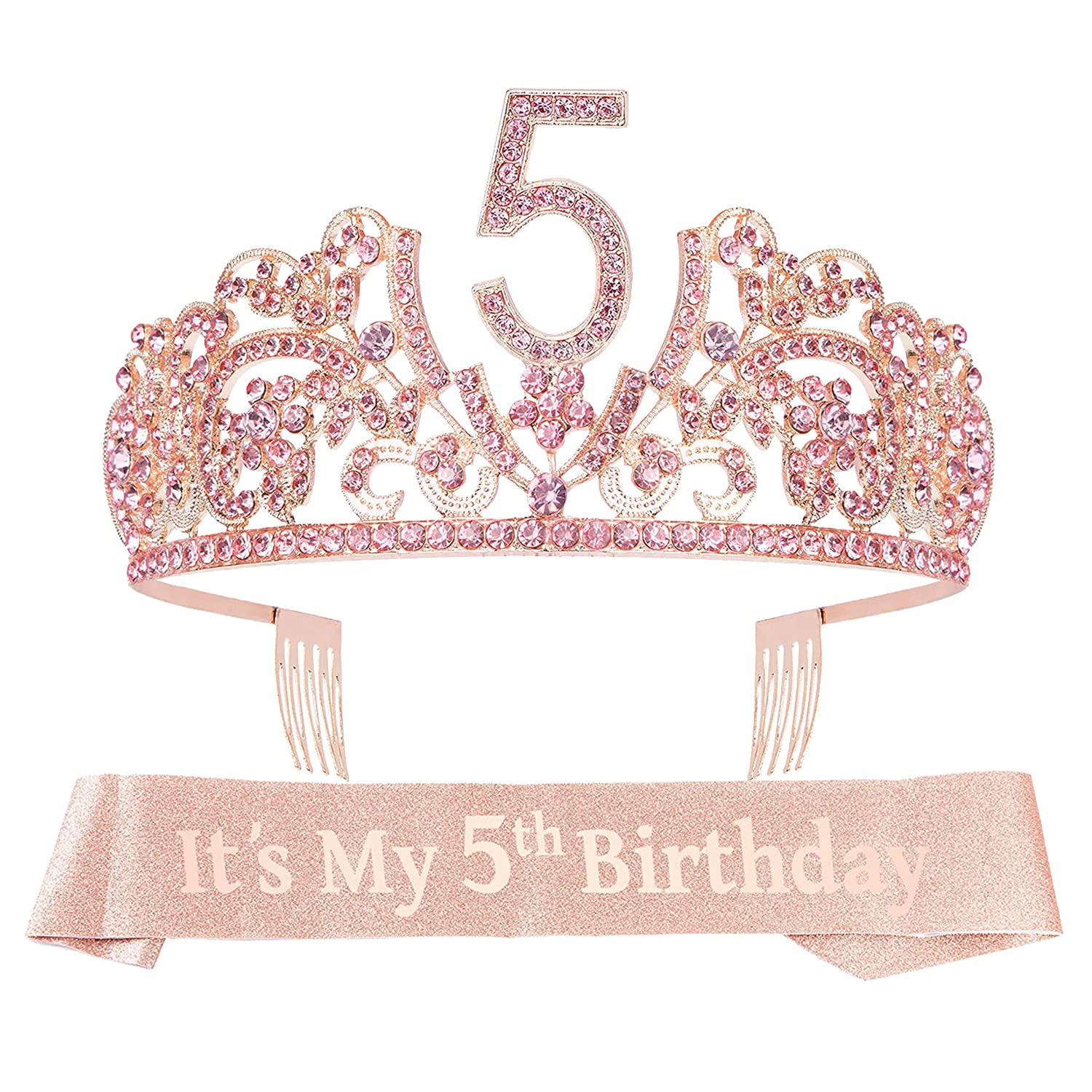 VeryMerryMakering 5th Birthday Sash and Tiara for Girls - Fabulous Glitter Sash + Flowers Rhinestone Pink Premium Metal Tiara for Girls, 5th Birthday Gifts for Princess Party