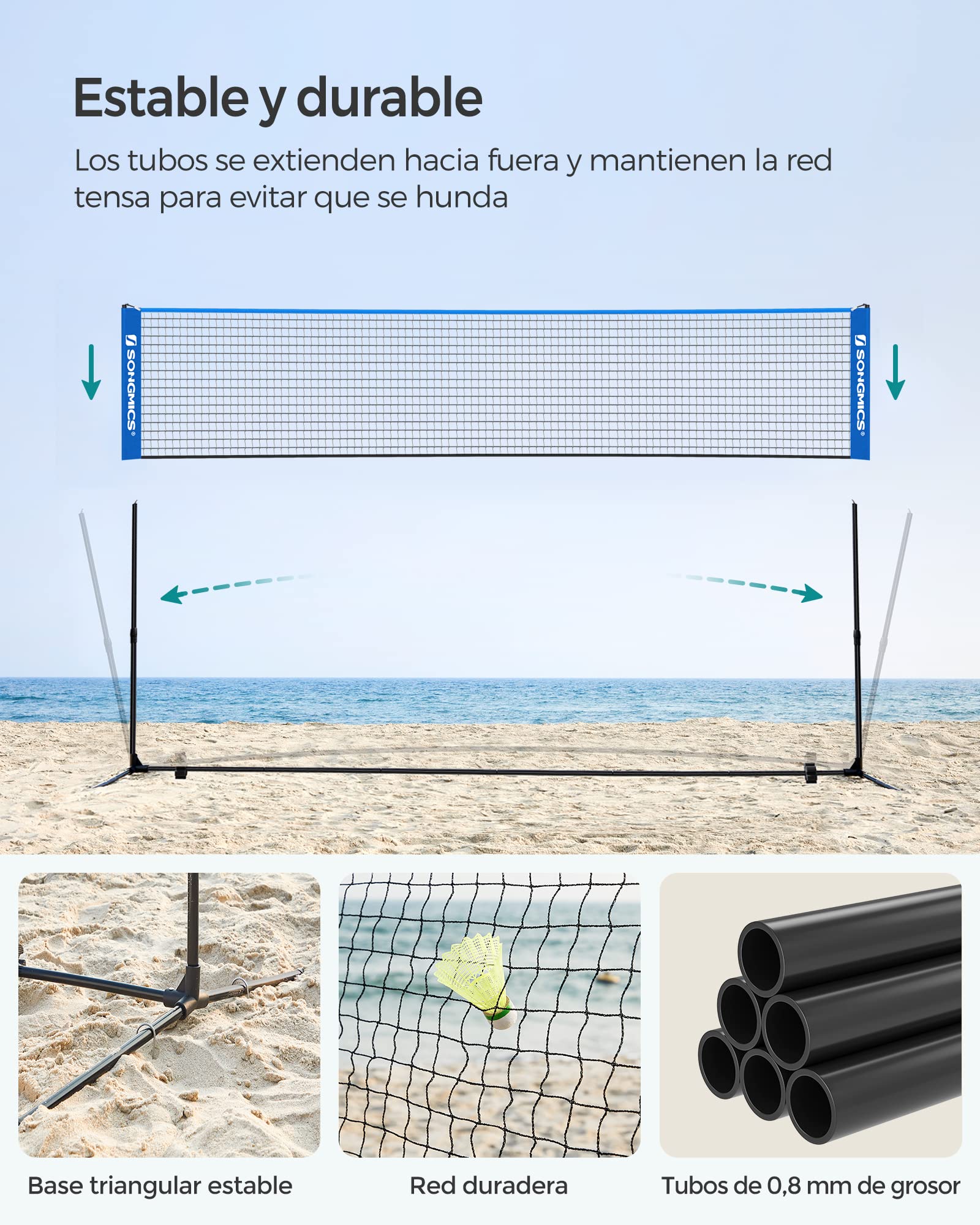 SONGMICS Red de Bádminton 4 m, Voleibol con Postes Ajustables, Portátil para Jardín, Parque, Exterior, Azul SYQ400