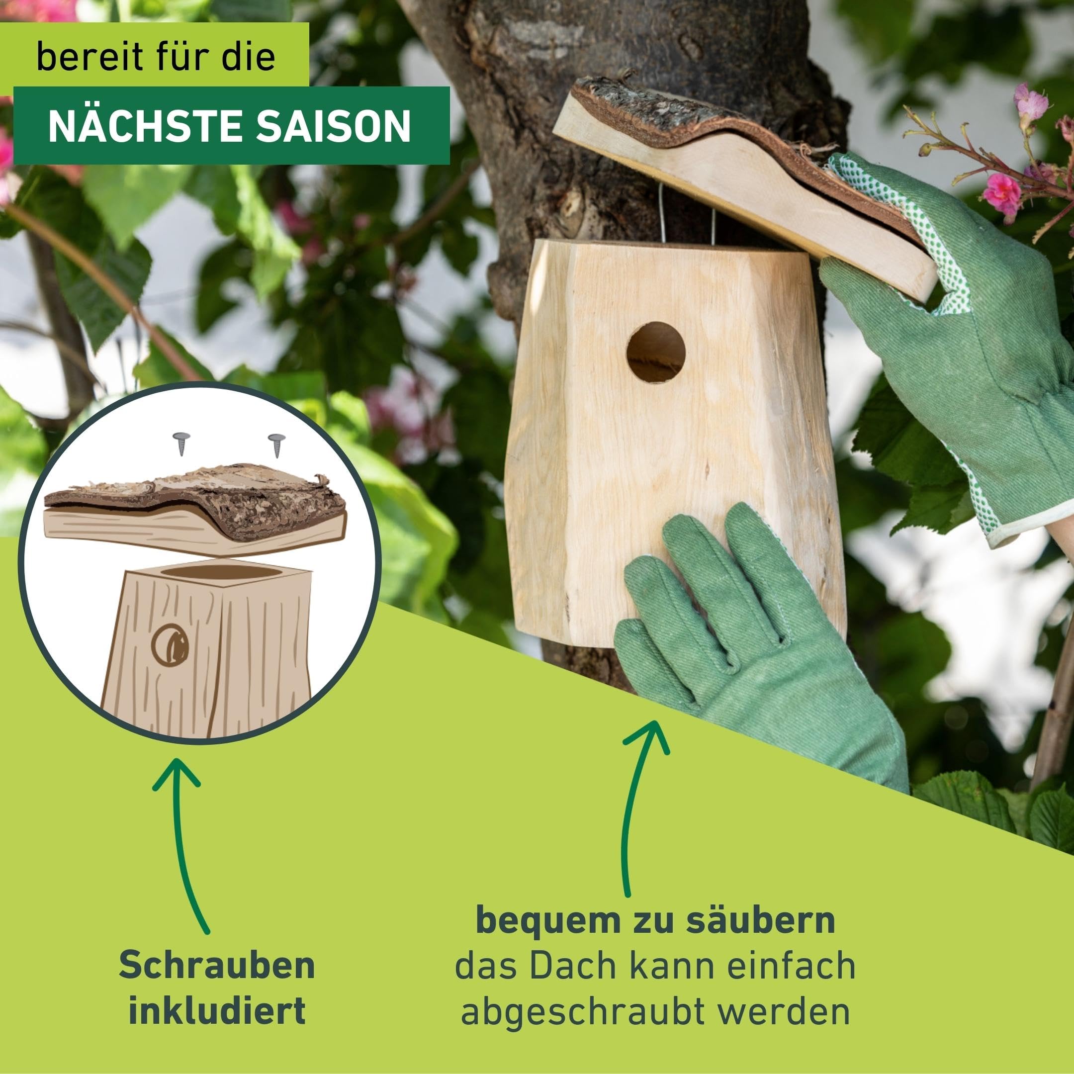 Windhager Nistkasten Log Cabin | abnehmbares Dach | Einflugloch Ø 28 mm, aus Birkenholz | Vogelhaus für Meisenarten, Vogelnistkasten zum Aufhängen, Brutkasten für Vögel, Nisthilfe | langlebig