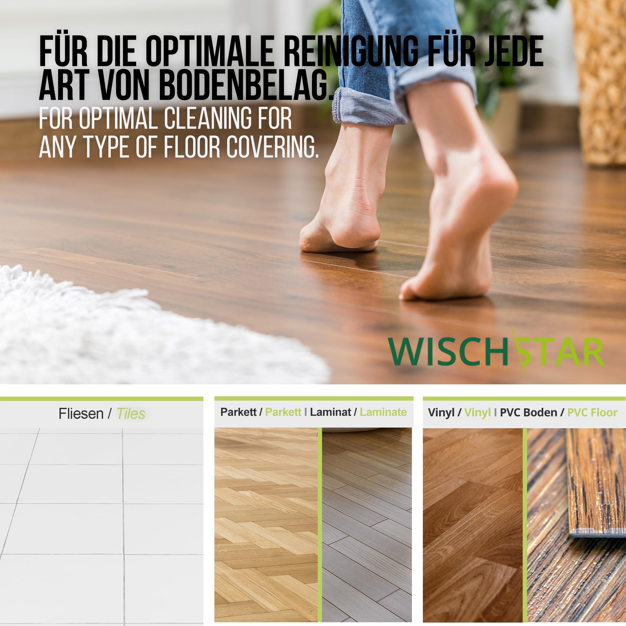 Wisch-Star Wischmopp-Set 50 cm mit verstellbarem Stil 70-140cm | Mit Teleskopstil, Microfaserbezug und Magnetklapphalter, Profi-Qualität für gründliche Reinigung, langlebig & robust