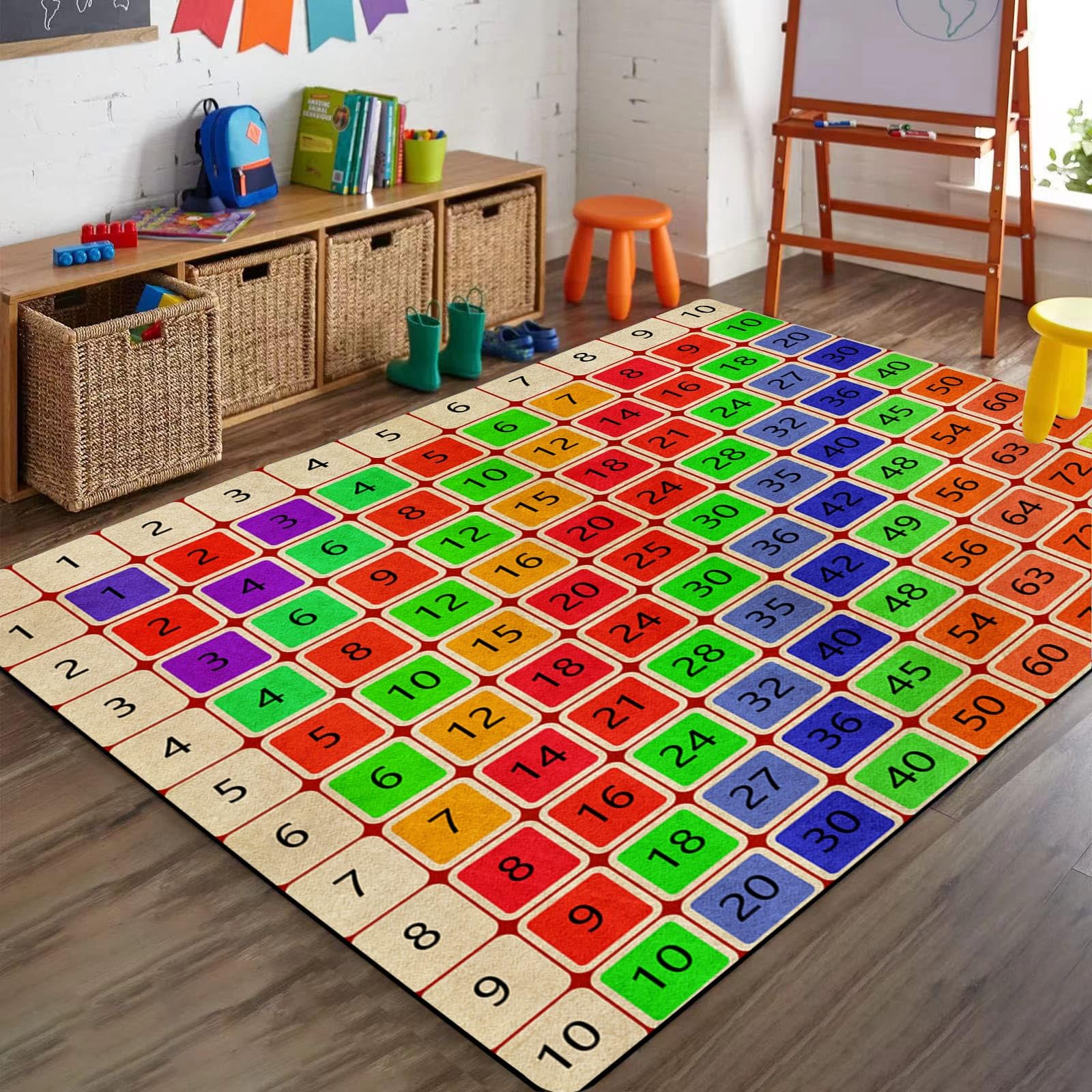 Multiplication Table Area Rugs, 4x5ft, Math Equation Rug for Children's Classroom, Foldable Soft Cozy Machine Washable Carpets, Anti-Skid Thin No Crease Throw Rug for Kindergarten Floor