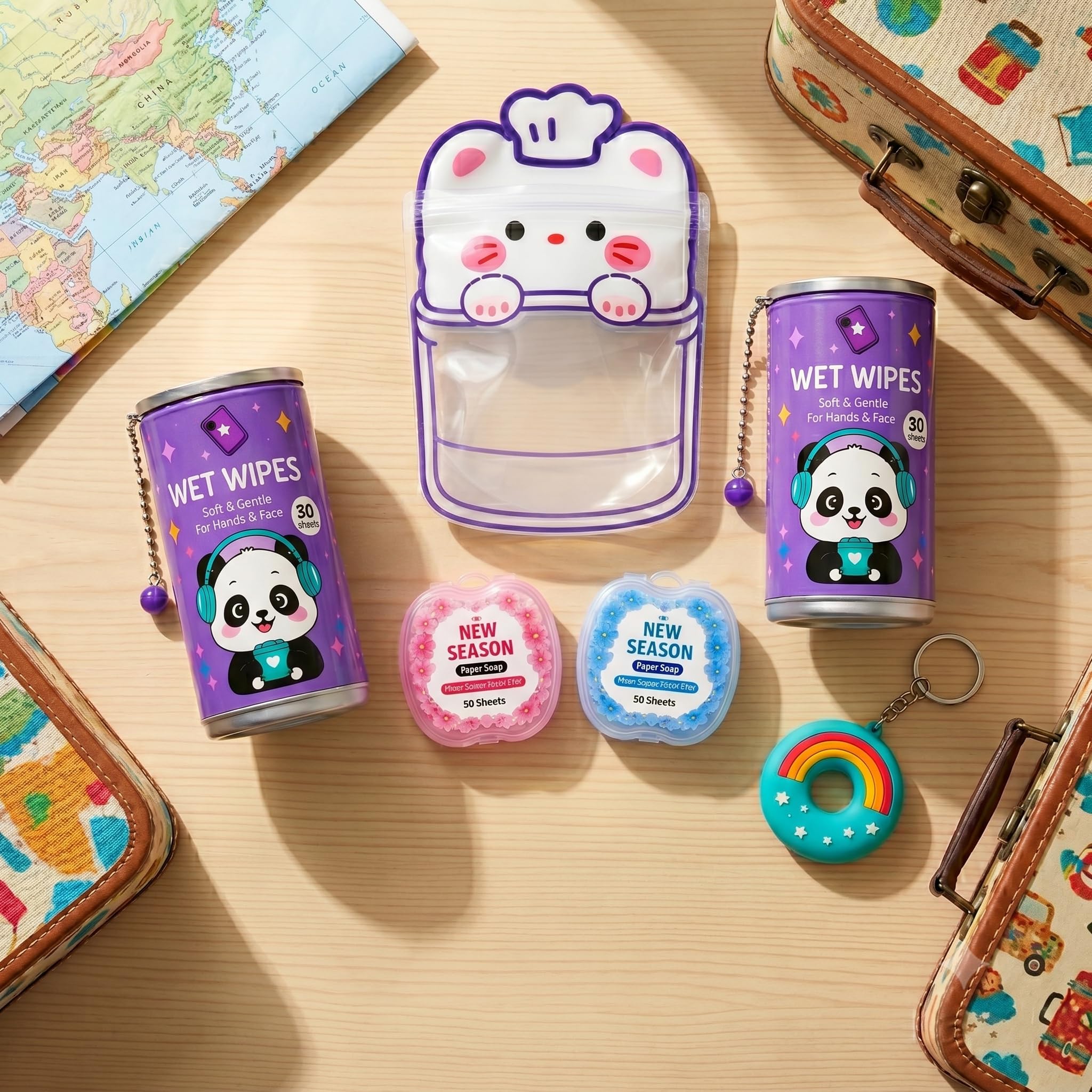 On the Go Hygiene Kit Combo for Kids - 6 in 1 Portable Set with Panda Wipes Can, Paper Soap, Zipper Pouch and Keychain - Travel Gift Set for Boys and Girls-image-14