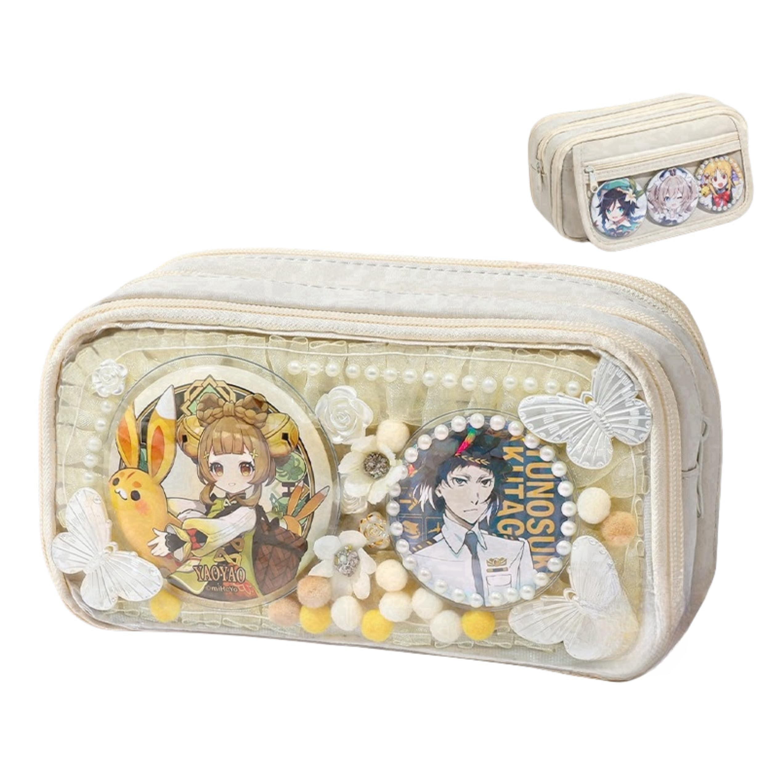 Vobomo Ita Bag Pencil Case Box Pen Holder Pouch with 5 Badges Accessories and 2 Inserts Double-sided Clear Layer (Off-white)