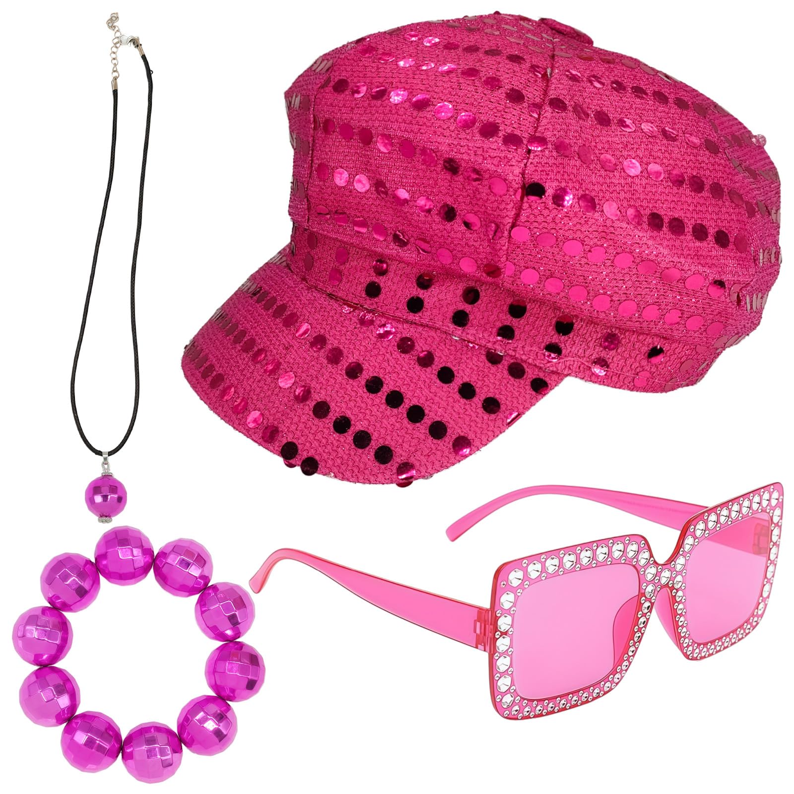 Baseballbat 4Pcs 70s Abba Hat Abba Accessories Women Sequin Hat Rose Red Glitter Cap Disco Ball Bracelet Necklace Sunglasses Fancy Dress Costume Set for Women 70 80 Theme Party Birthday Dance Outfits