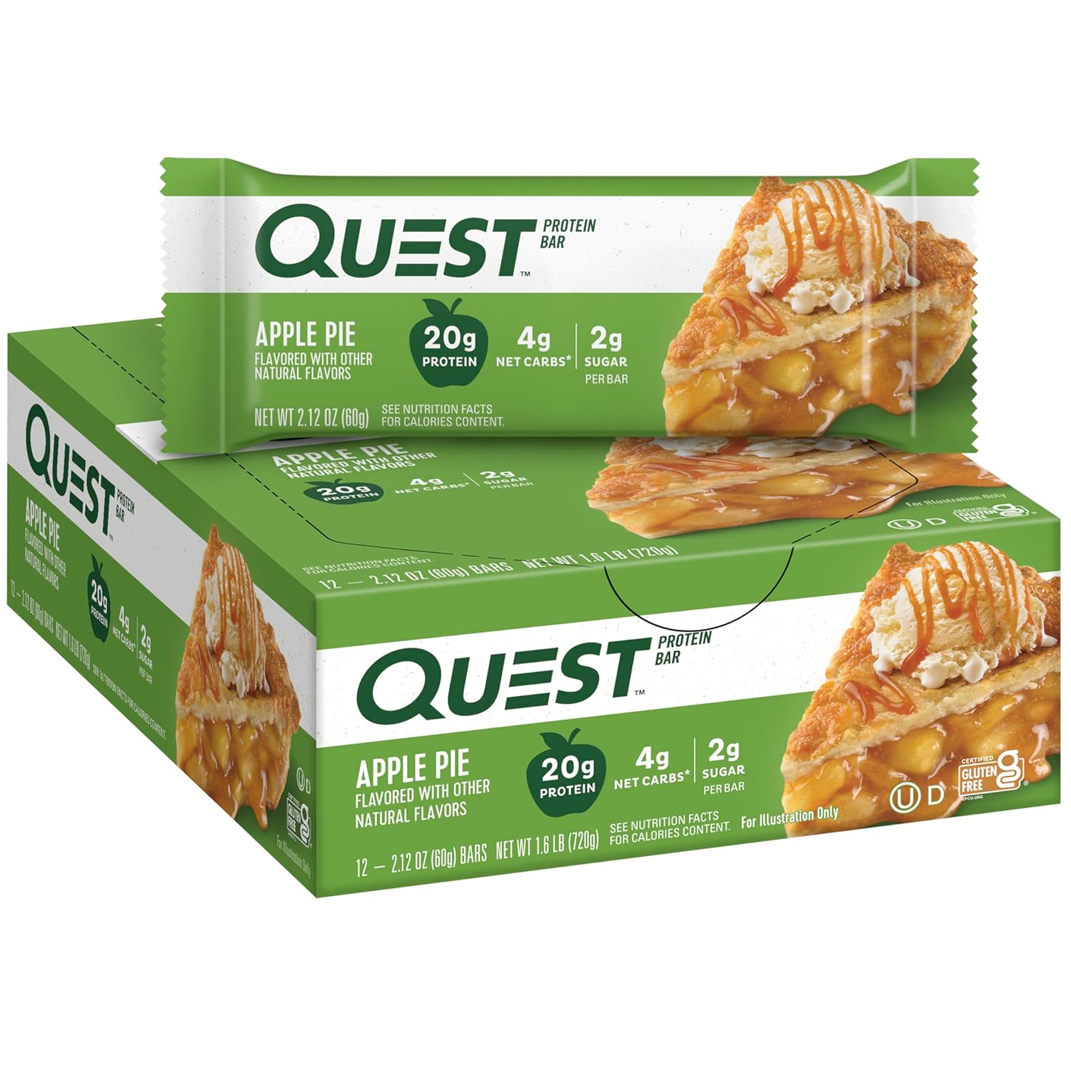 Quest Nutrition Apple Pie Protein Bar, 20g Protein, 4g Net Carbs, 2g Sugar, Gluten Free, Keto Friendly, 12 Count Quest Nutrition Apple Pie Protein Bar, 20g Protein, 4g Net Carbs, 2g Sugar, Gluten Free, Keto Friendly, 12 Count