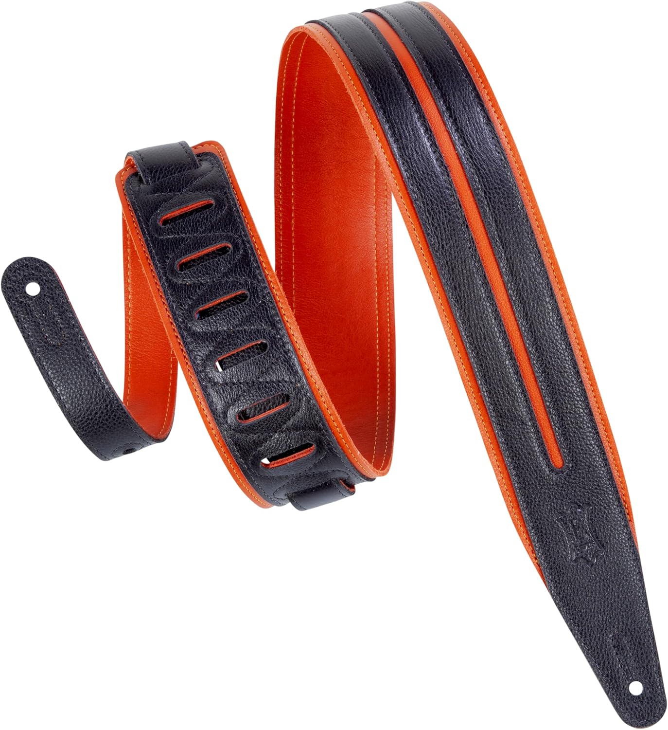 Levy's Leathers 2.5" Garment Leather Guitar Strap Double Racing Stripe Design; Black and Orange (MG317DRS-ORG_BLK)