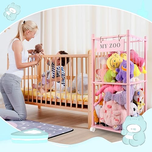 Miniatura 8 de Zoo de almacenamiento de animales de peluche con ruedas, organizador de animales de peluche de madera con cordones elásticos, soporte de