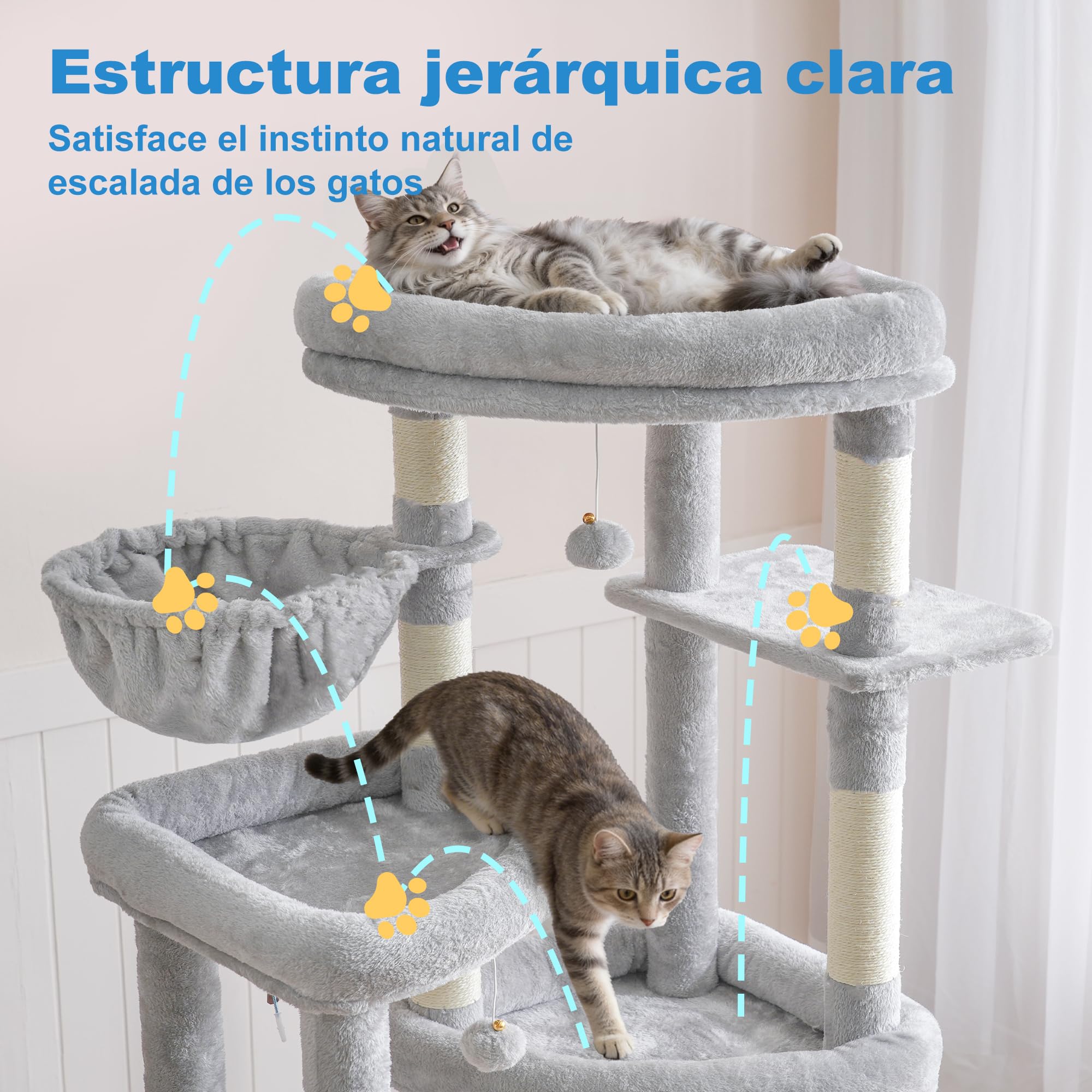 Hey‑brother Rascador para Gatos,con 3 Plataformas Grandes, 2 Cueva, MPJ084W | 171cm Árbol para Gatos Multi-Nivel, 2 Cestas Suaves, 2 Pelota de peluche, para Maine Coon de Interior, Gris Claro