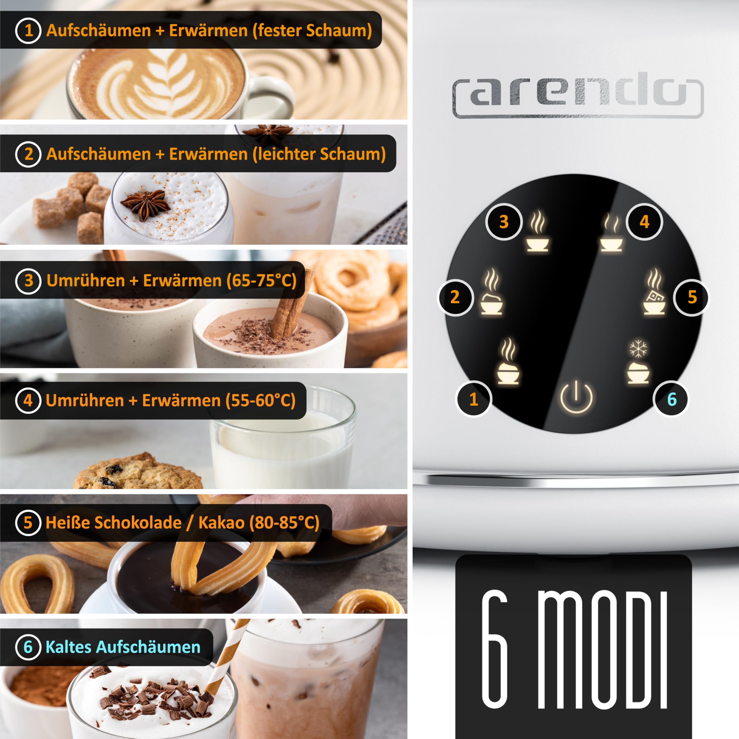 Arendo – Milchaufschäumer elektrisch – 600 Watt Heizelement – 500 ml – 6 Automatikprogramme – Milchschaum für heiß und kalt – 2 Einsätze – für Cappuccino Latte Macchiato heiße Schokolade