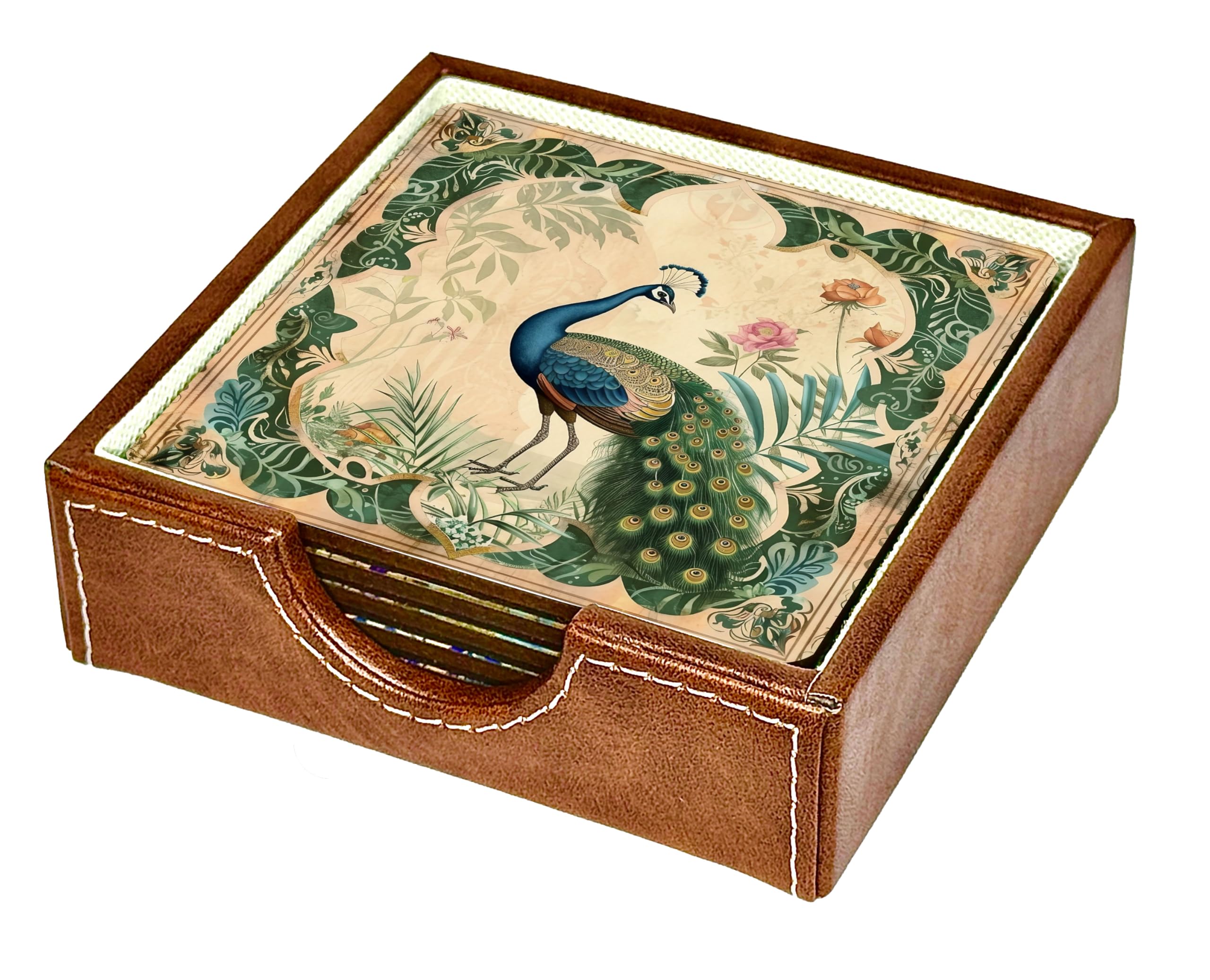 The Black Frame Engineered Wooden Tea Coaster Set of 6 | Moisture-Absorbing with Anti-Slip Backing | Traditional Peacock Vintage Mughal Art Style-image-24