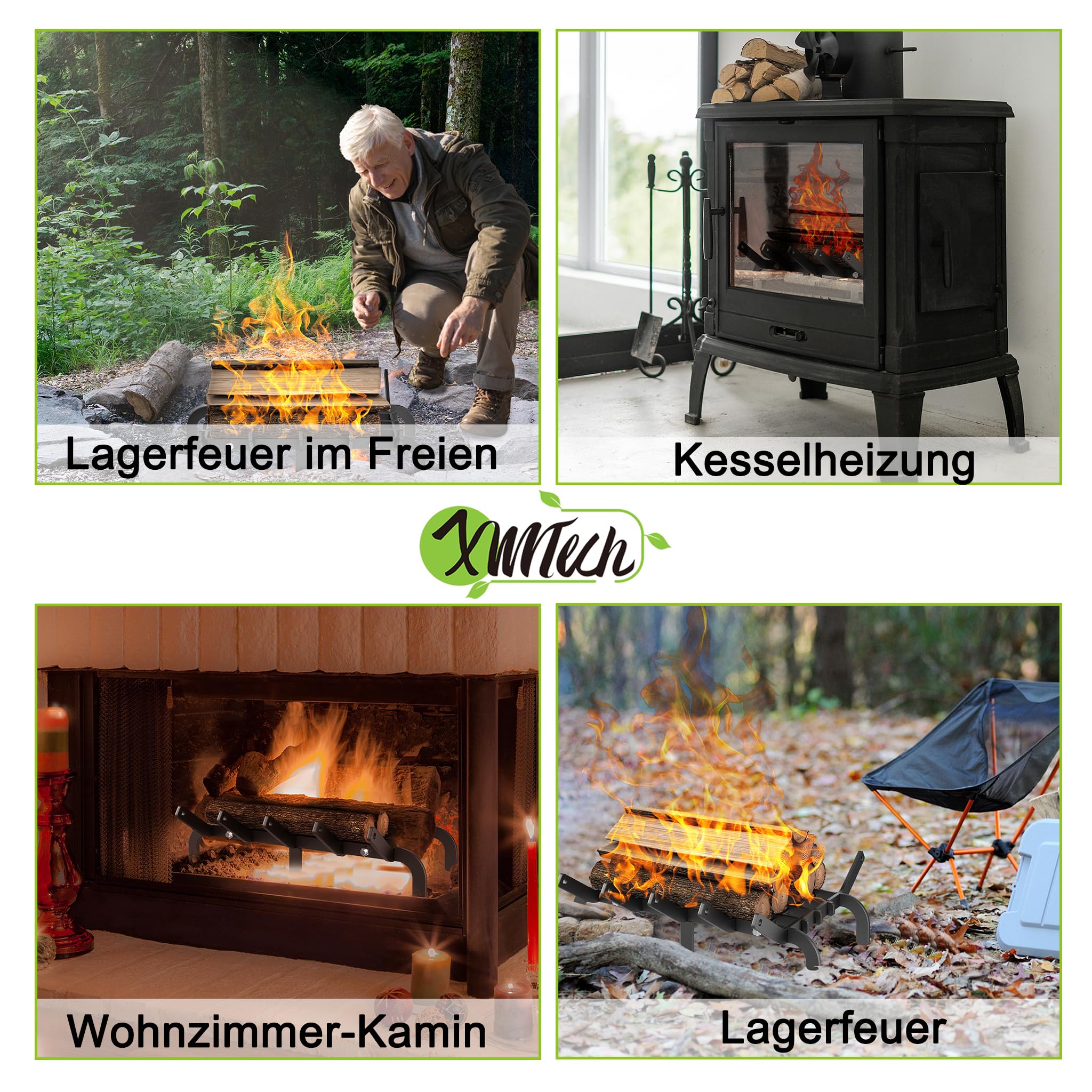 XMTECH Quadratischer Kaminholzrost Metall Feuerstelle Kaminrost mit 6 Stützfüßen, Hohe hitzebeständiger schwarzer Feuerkorb für Feuerschalen und Feuerstellen