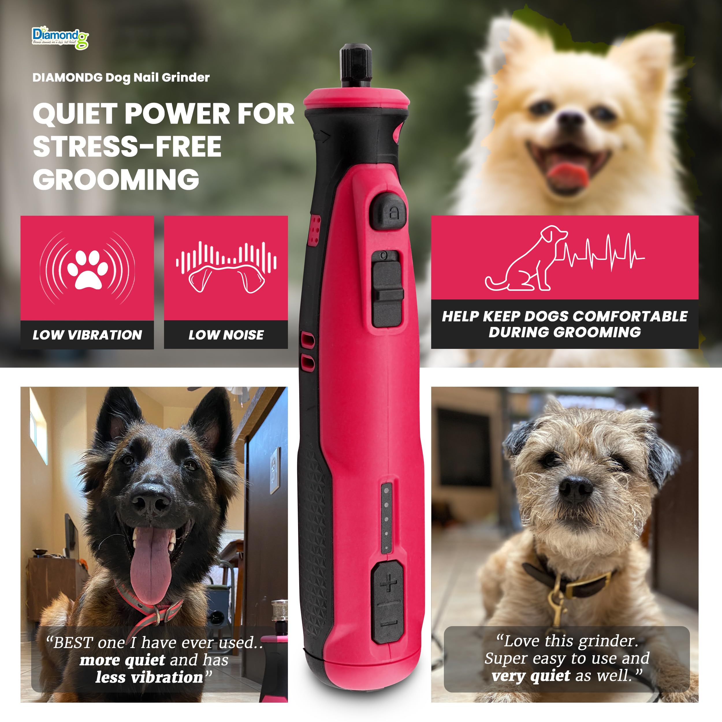 Diamondg Molinillo de uñas inalámbrico para perros con sonido silencioso y punta LED para perros grandes y pequeños, 4 horas de tiempo de funcionamiento, cortaúñas eléctrico para perros, herramienta