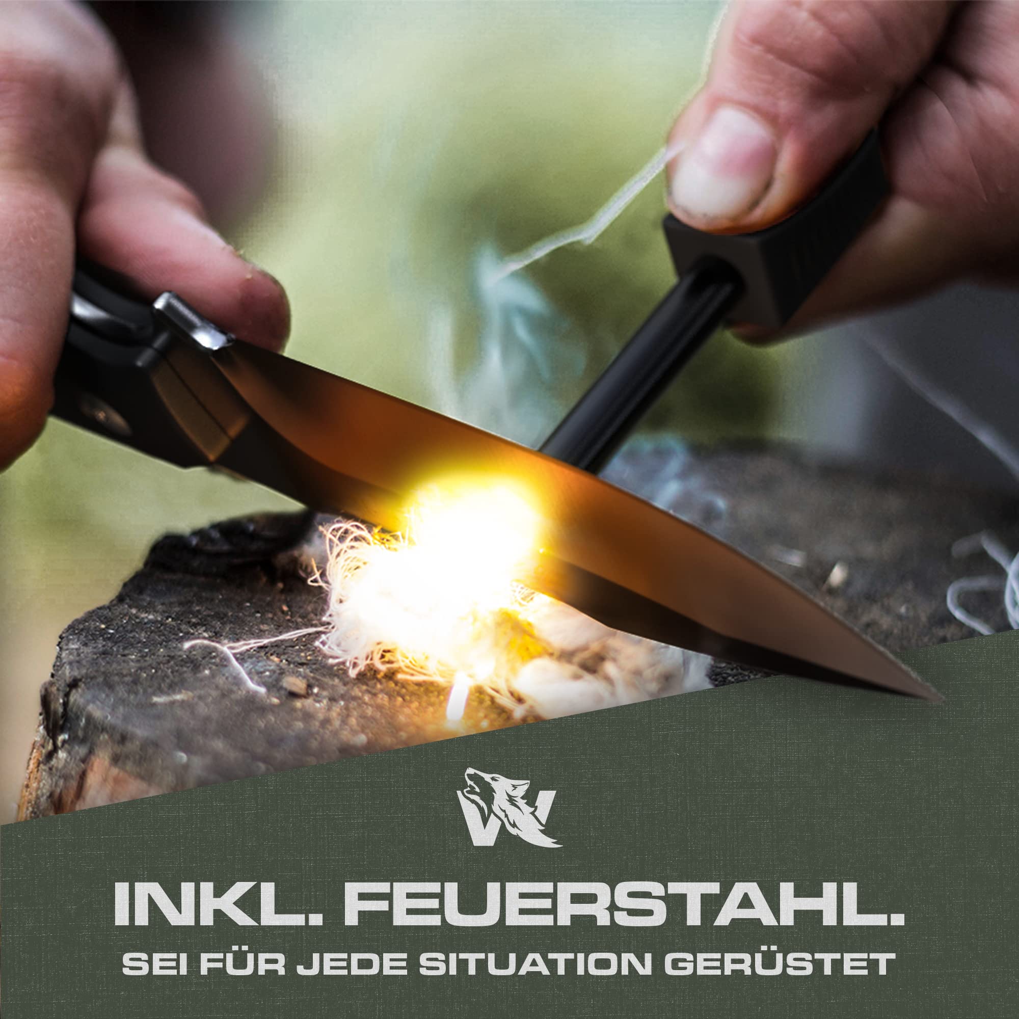 Wolfgangs Outdoor, coltello con fondina Kydex, realizzato in un unico pezzo in acciaio D2, con allarme antincendio e fischietto di emergenza incluso