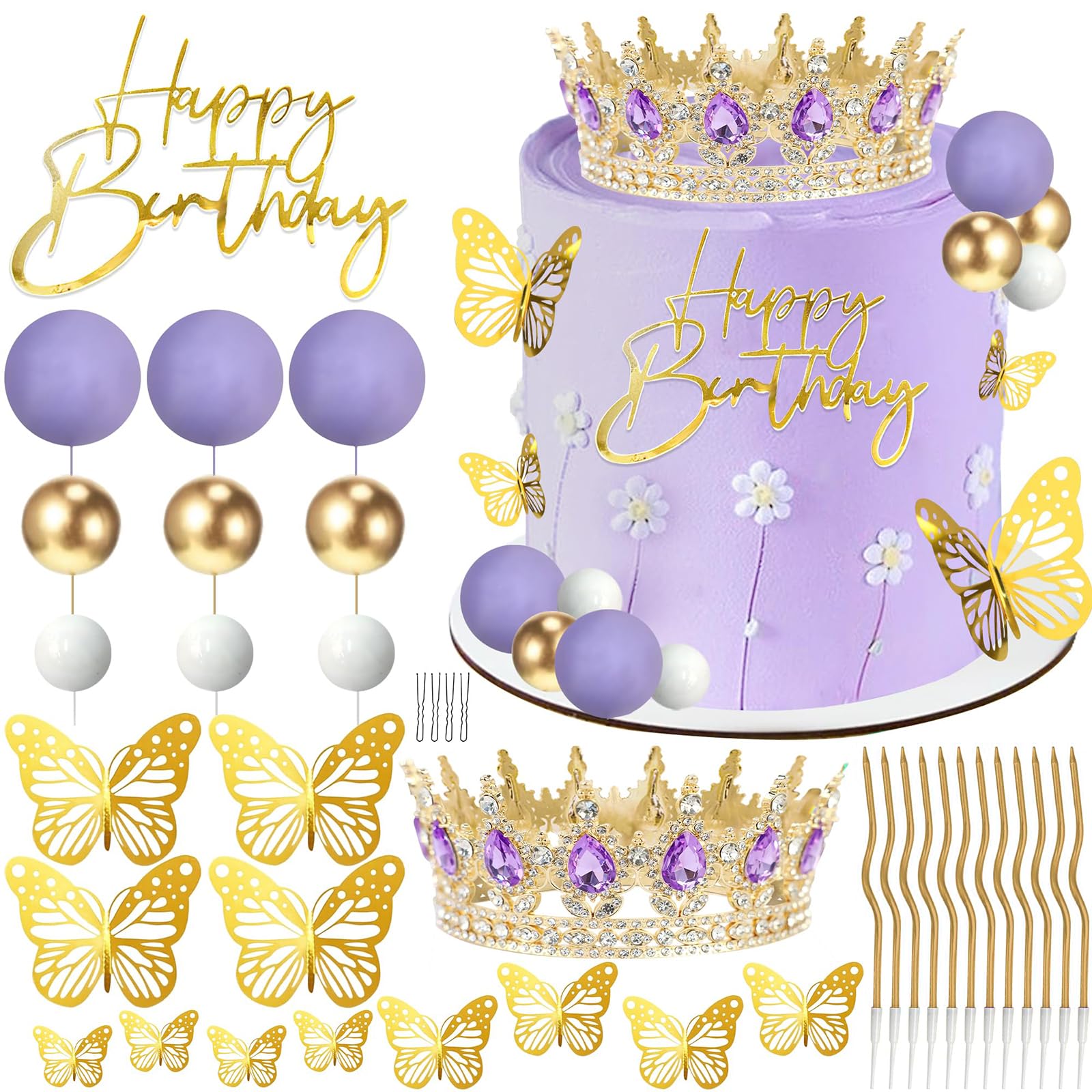 VelvetGlow Crown Cake Topper, Balls Happy Birthday Cake Topper Red Crown Birthday Candles Gold Butterflies, Corona Para Pastel, Cake Decorations for Birthday Wedding(Gold, Purple)