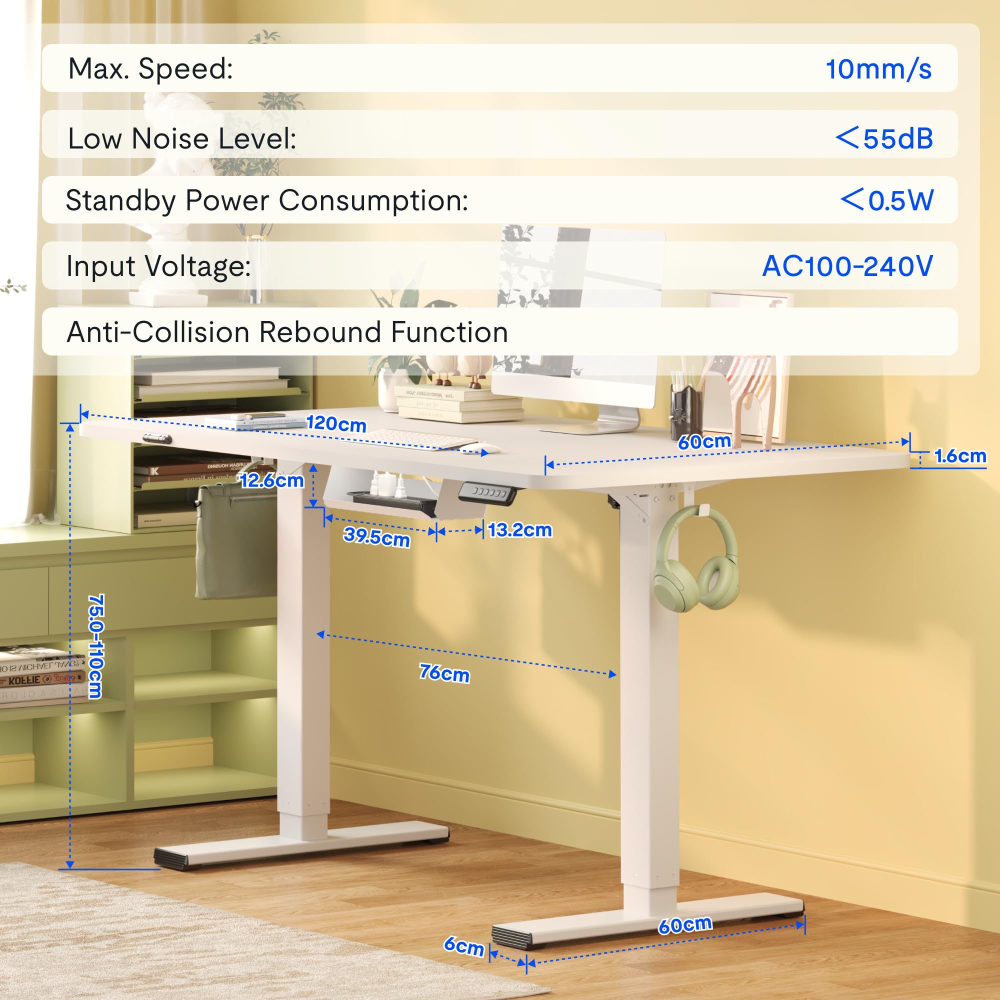 FLEXISPOT Scrivania Regolabile in Altezza Basic – Con Gestione Cavi, Ganci e Piano Monoblocco, Scrivania Ergonomica per Home Office (120x60 cm, Bianco)