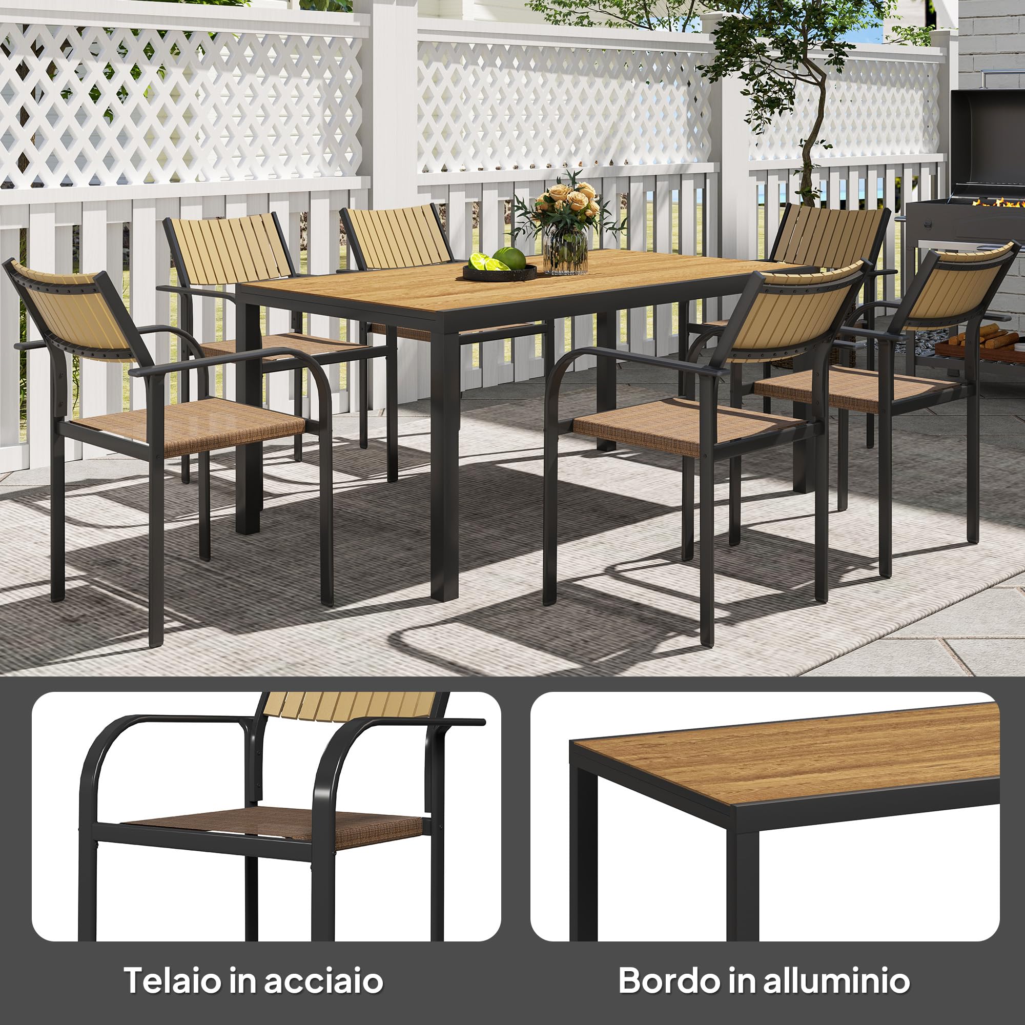 Outsunny Set Tavolo da Giardino Allungabile 7 Pezzi con Sedie Impilabili, Acciaio e Textilene, Marrone