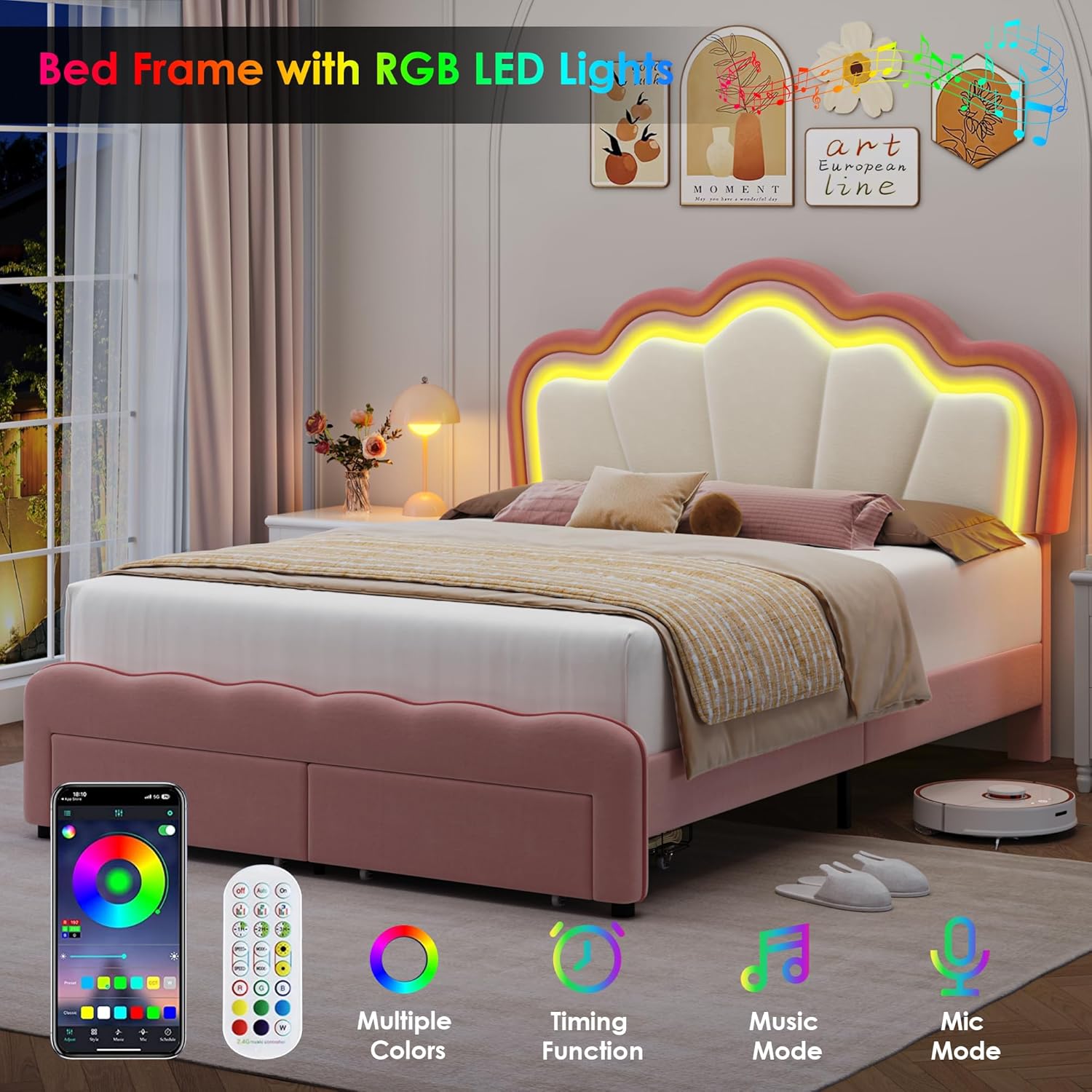 LED Bed Frame with RGB LED Lights and remote control