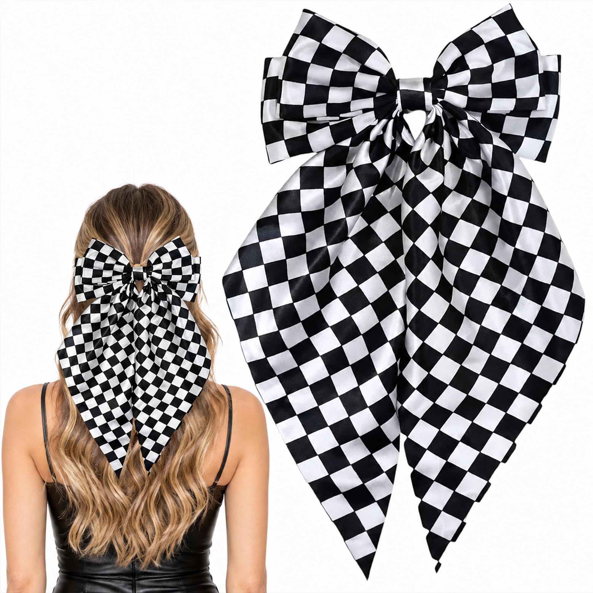 Checkered Hair Bow, Checkered Bow, Black and White Hair Clip