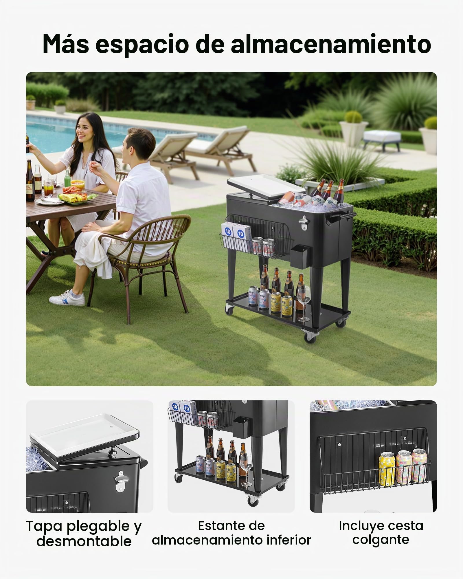 VEVOR Carrito Nevera con Ruedas 75,71 L, Carrito Refrigerador con Estante Inferior, Canasta Lateral, Abridor de Botellas, Enfriador de Bebidas Portátil para Fiestas en Exterior, Camping, Negro