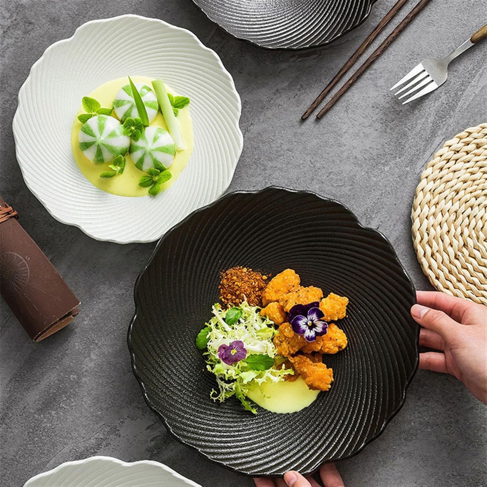 Pastaschalen Speiseteller Haushaltskeramik-Salatteller, dreidimensionale Relieftextur, hochwertiges Geschirr, kreativer, unregelmäßiger tiefer Teller Essteller(Weiß,10 inch)