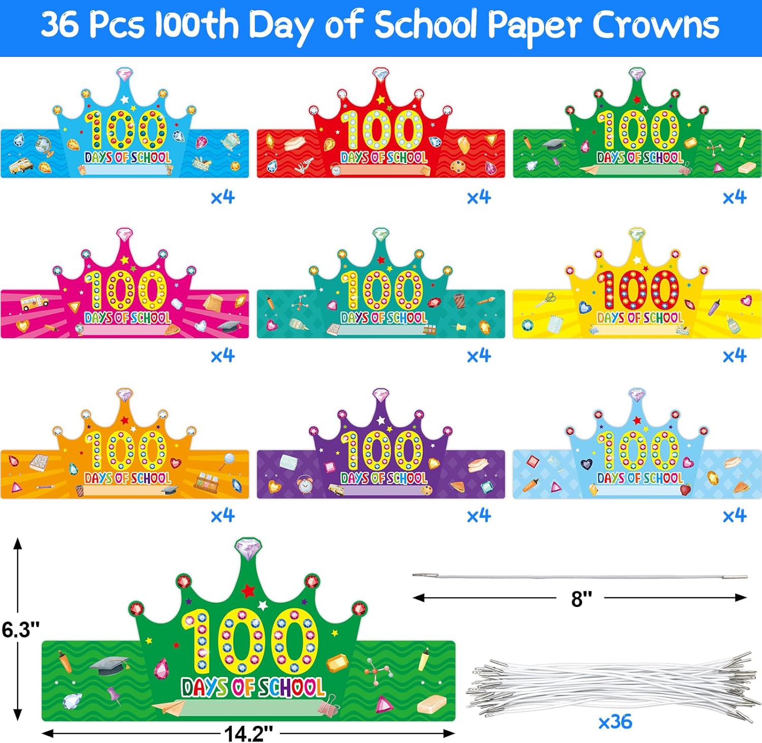 WorldBazaar 100 Days of School Paper Crowns 36 Pack 100th Day Paper Crowns for Classroom Kids Bulk Party Supplies