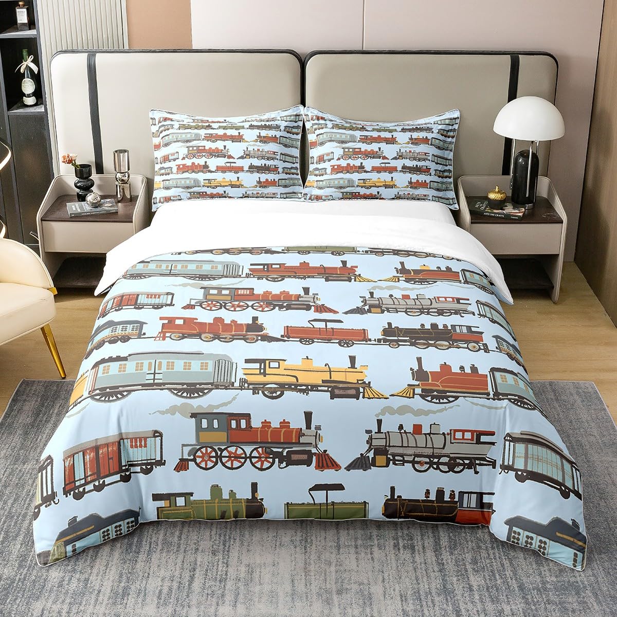 3PCS Kids Cartoon Train Duvet Cover King Size,Watercolor Car Train Tracks Comforter Cover with 2 Pillowcases,Transportation Vehicles Bedding Set for Kids Bedroom Decor