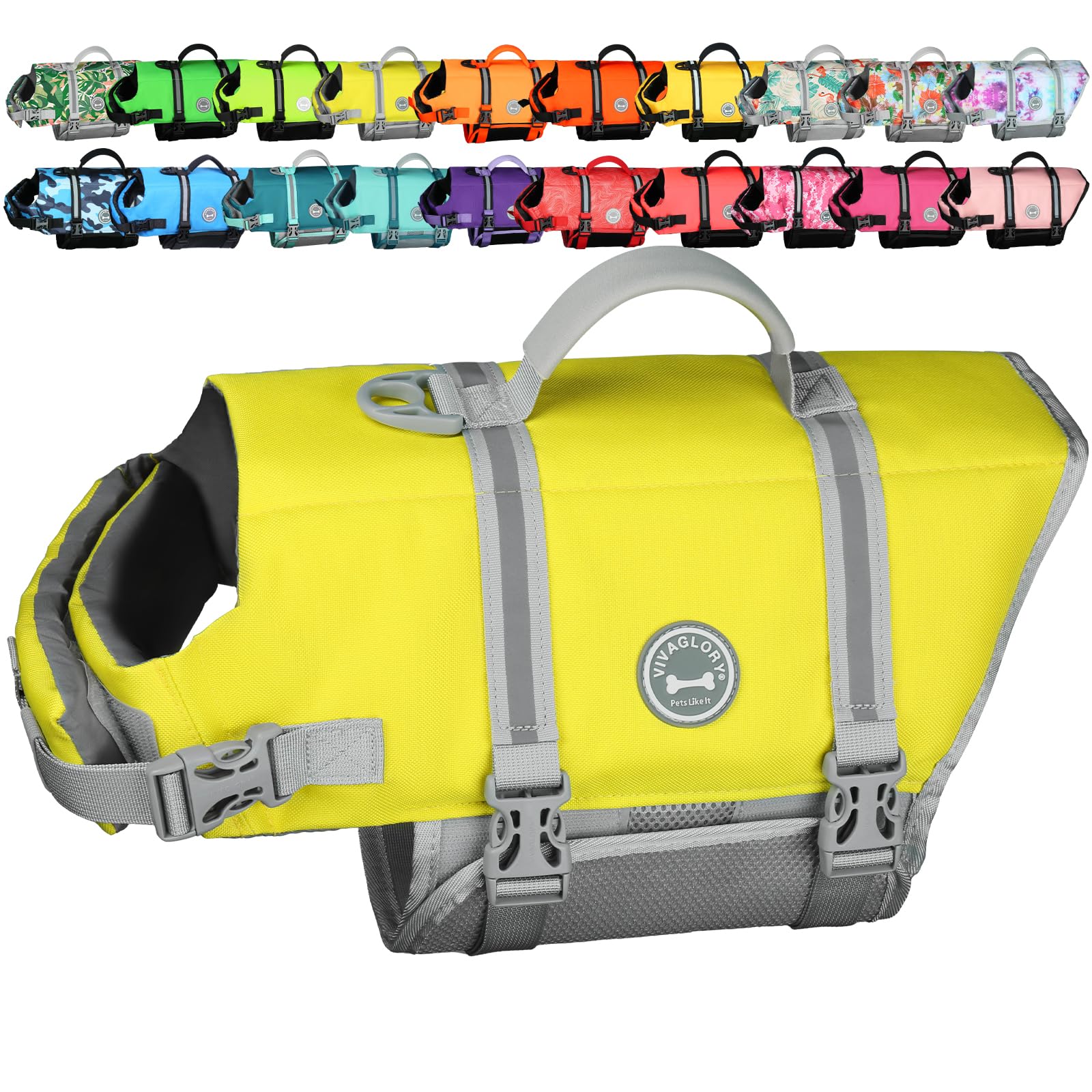 VIVAGLORY Rip Stop Dog Life Vest, Swimming Vest with Handle, Buoyancy for Doggy Puppy, Dog Life Jacket for Swimming & Boating, XXS, Yellow Grey
