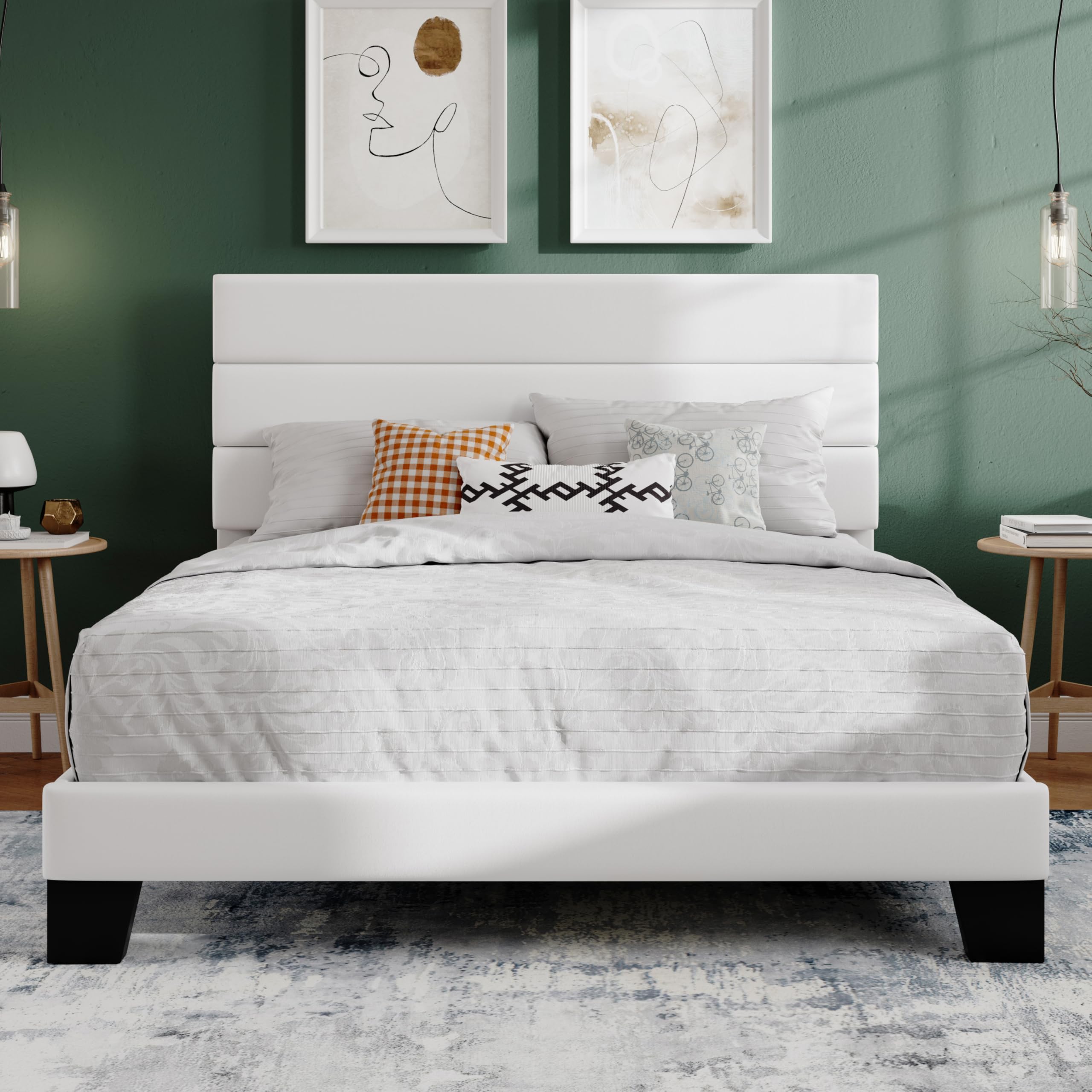 SHA CERLIN Queen Platform Bed Frame with Upholstered Velvet Headboard,White
