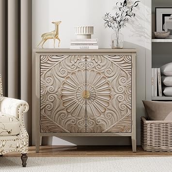 Vintage Accent Cabinet with Doors - Rustic Carved Wood Sideboard Buffet Cabinet with Storage, Farmhouse 2 Door Cabinet, Modern Credenza for Living Room, Dining Room
