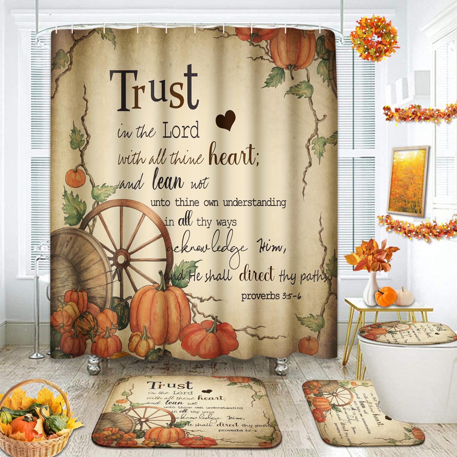 Cortinas de baño de calabaza de Halloween de 4 piezas con alfombrilla absorbente y hojas de frutas