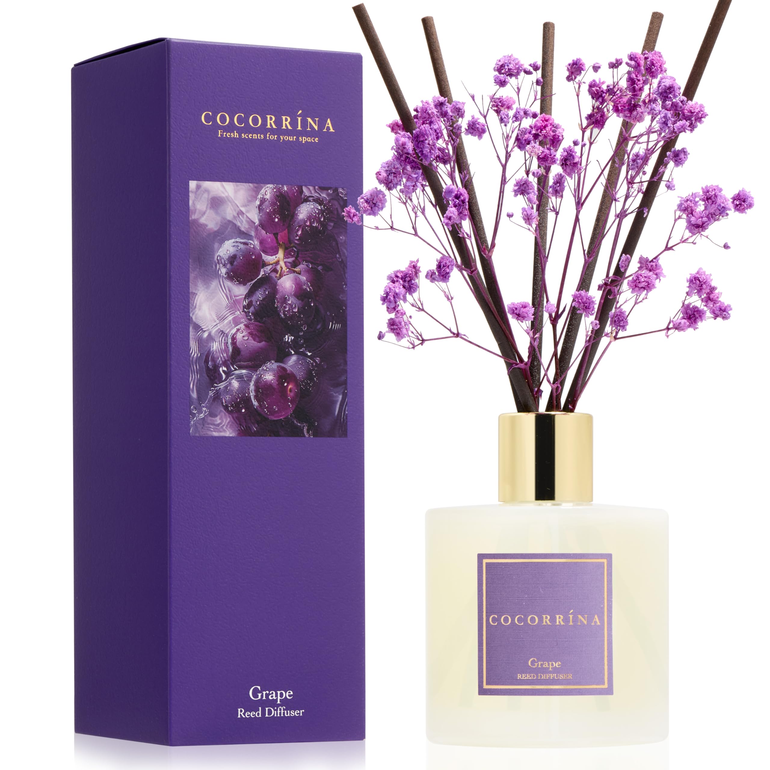 COCORRÍNA Reed Diffuser - Grape 6.7 fl oz Reed Diffuser with Sticks, Home Bedrrom Bathroom Shelf Decor