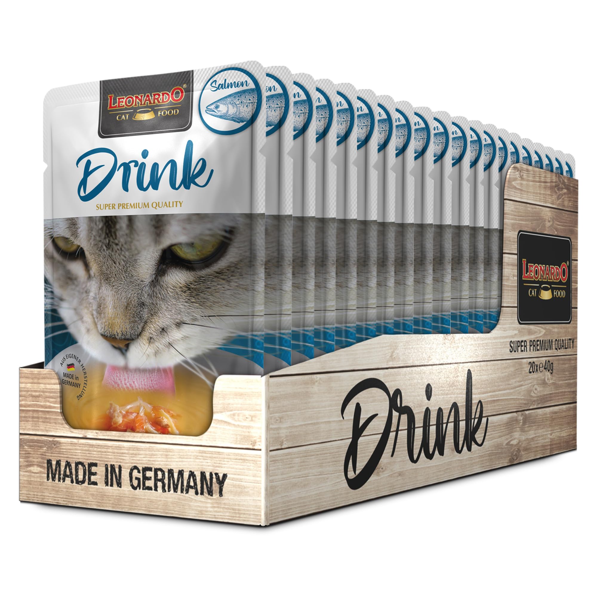 Leonardo Drink Salmon [20x40g Multipack Sorte Lachs] Katzendrink | getreidefreie Fleischbrühe mit Fleischstreifen | Ergänzungsfuttermittel für Katzen