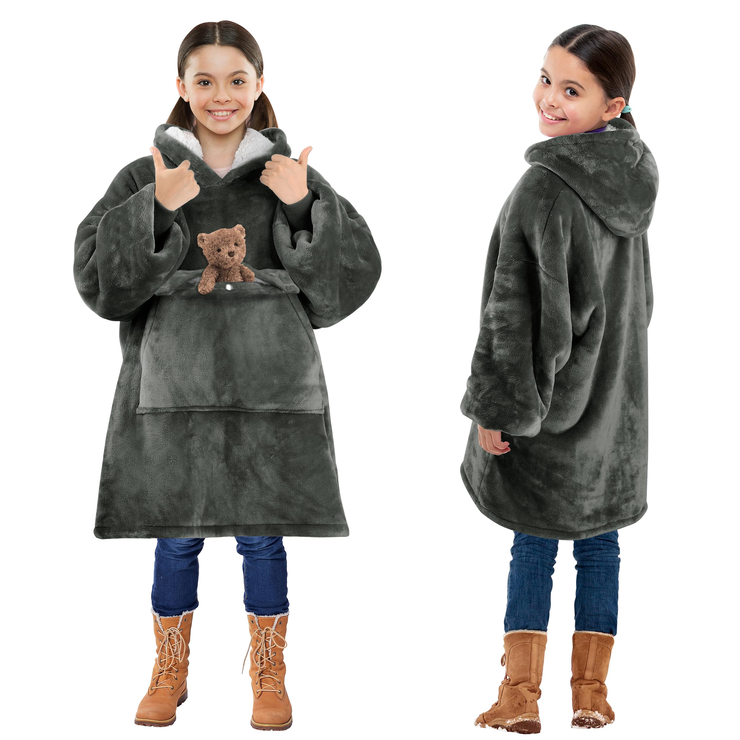 Solaris Wearable Blanket Hoodie for Kids - Warm Soft Gift, Oversized Cozy Sherpa Fleece Sweatshirt Pullover for Teens, Girls, Boys, Large Pocket, Gray