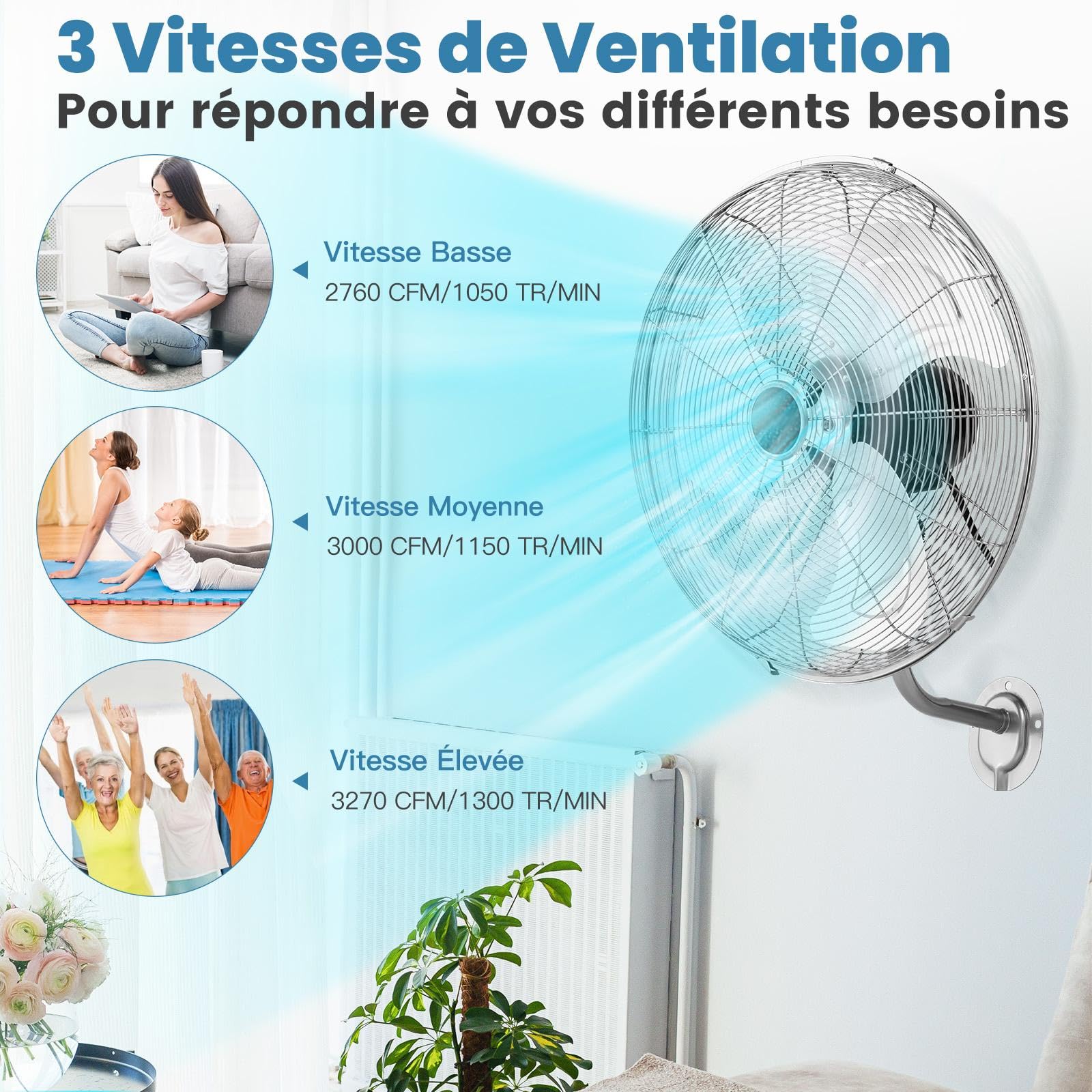 GOPLUS Ventilateur Mural φ56cm avec 3 Pales Aluminium, Ventilateur 3 Vitesses, Inclinaison 30° & Oscillation 85°, Grille Sécurité et Panneau Contrôle, pour Patio, Garage, Bureau (Argent)