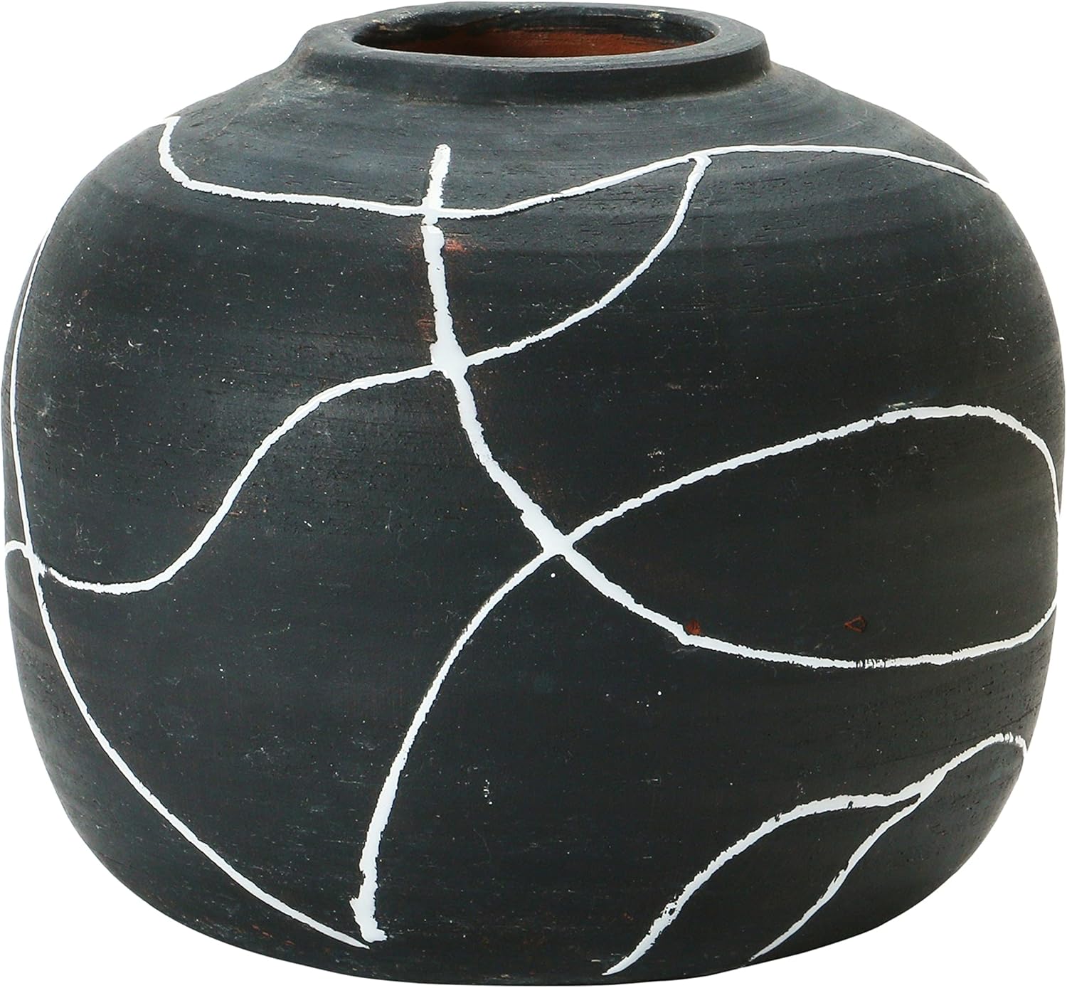 Creative Co-Op Round Decorative Terra-Cotta Vase with Hand-Painted Intersecting Lines, Black and White