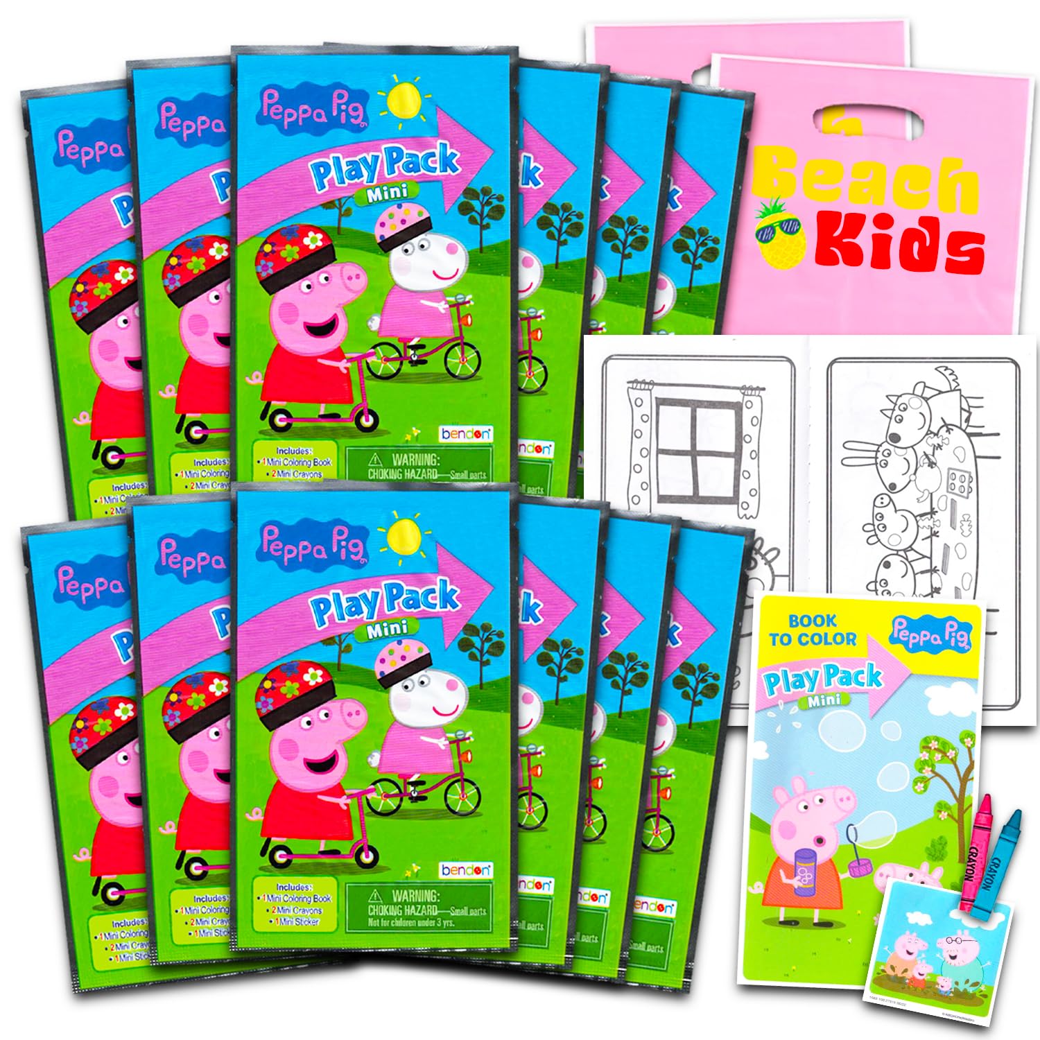 12 Pc Peppa Pig Mini Party Favors Set - Bundle with 12 Peppa Pig Play Packs | Mini Coloring Books, Stickers, and Goodie Bags (Peppa Pig Birthday Party Supplies Decorations)