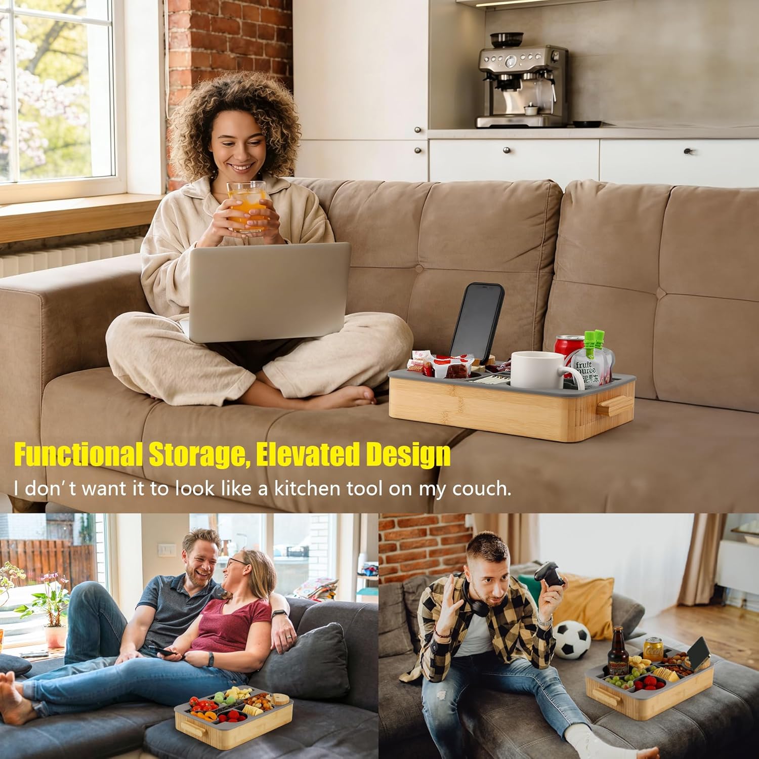 Nnewvante Couch Cup Holder Tray, Large Bamboo Silicone Couch Caddy with 360° Rotating Phone Stand,Sofa Bed Organizer with Anti-Slip Pad,Snack Drink Holder with Carry Handle 14x10inch