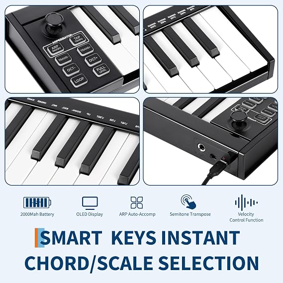 49 Key MIDI Keyboard Controller, USB MIDI Keyboard Controller with DAW Integration, 8 Drum Pads & OLED Display, Perfect for Music Production, Black